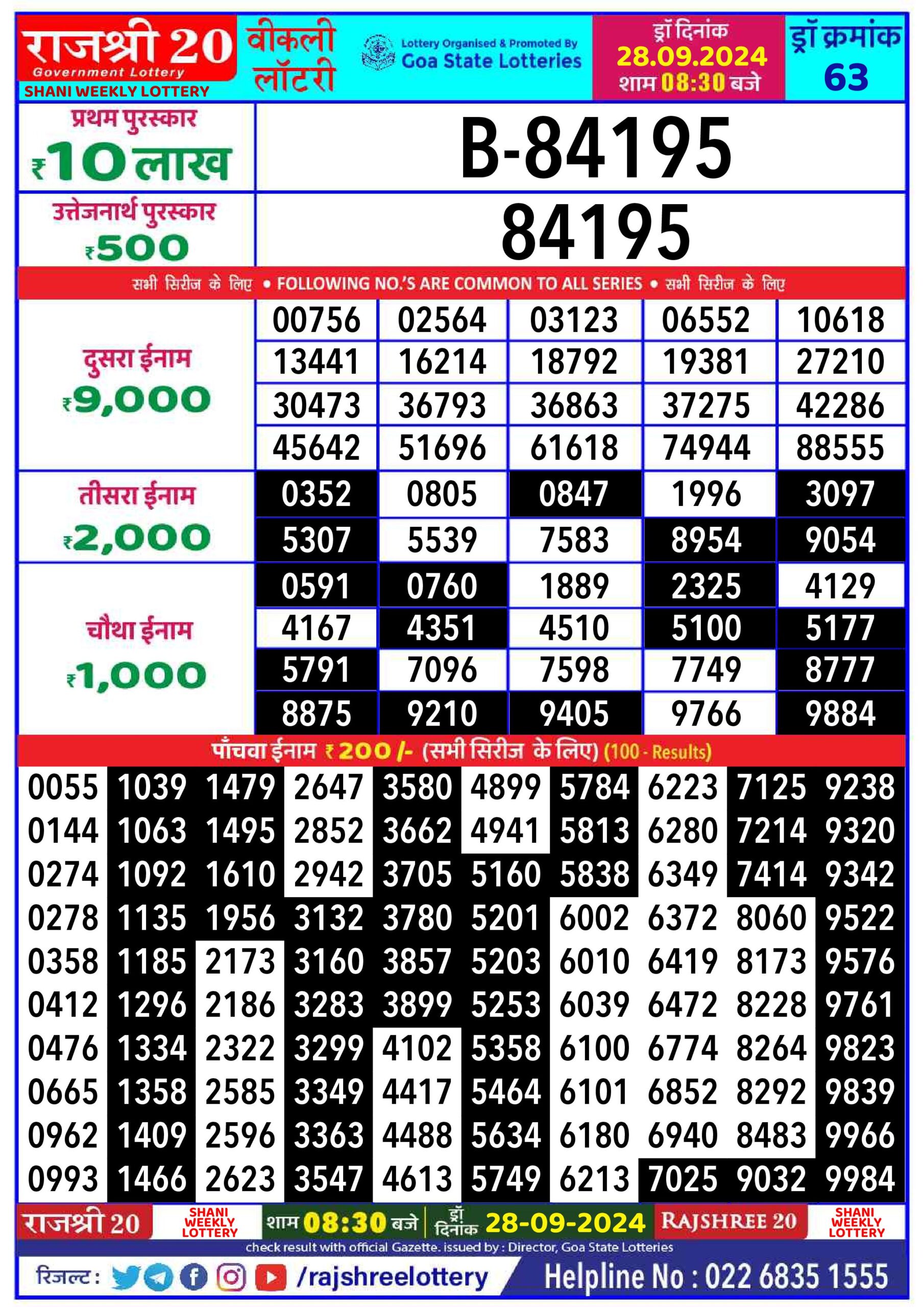 rajshree 20 lottery result 8:30pm