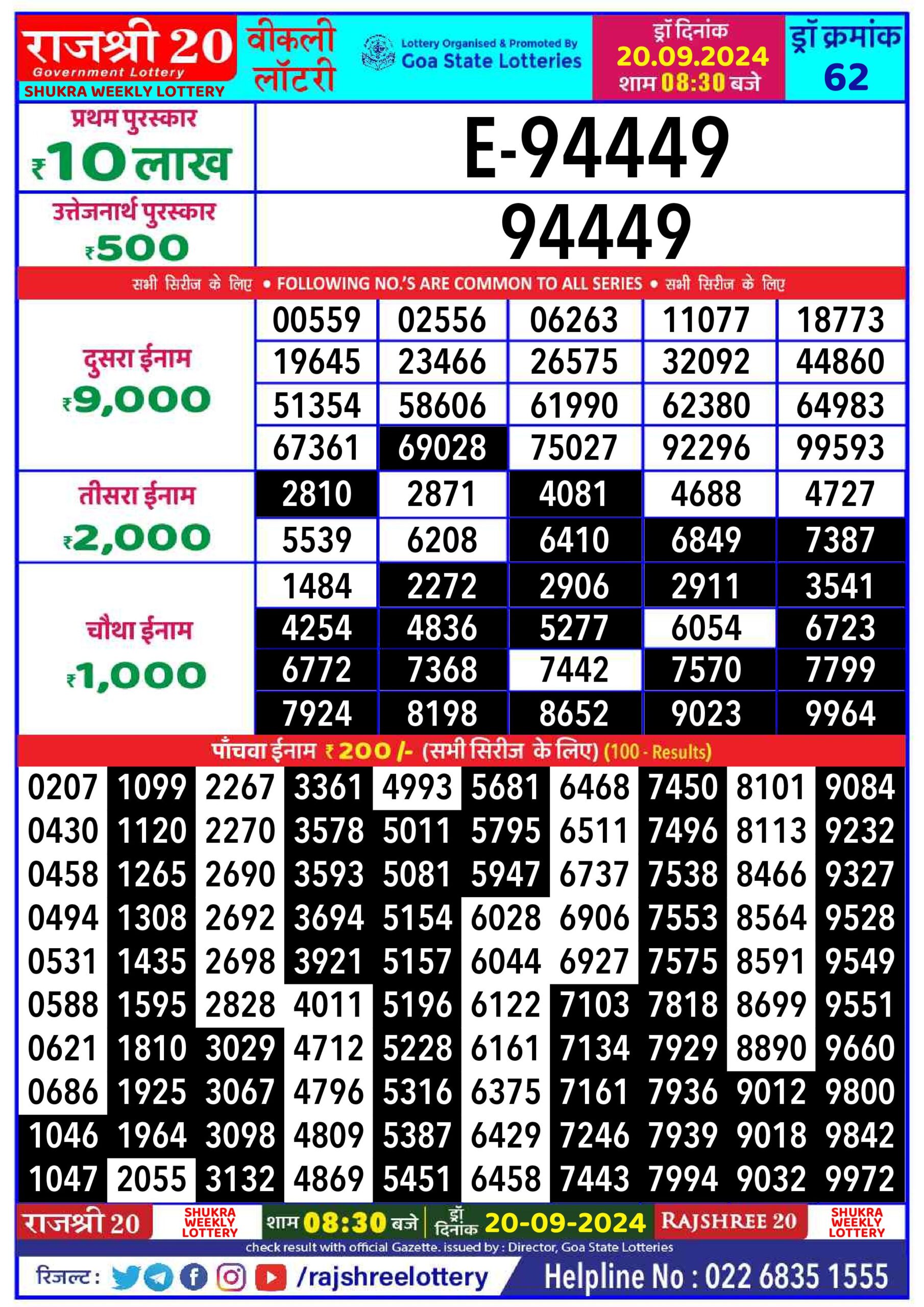 rajshree 20 lottery result 8:30pm