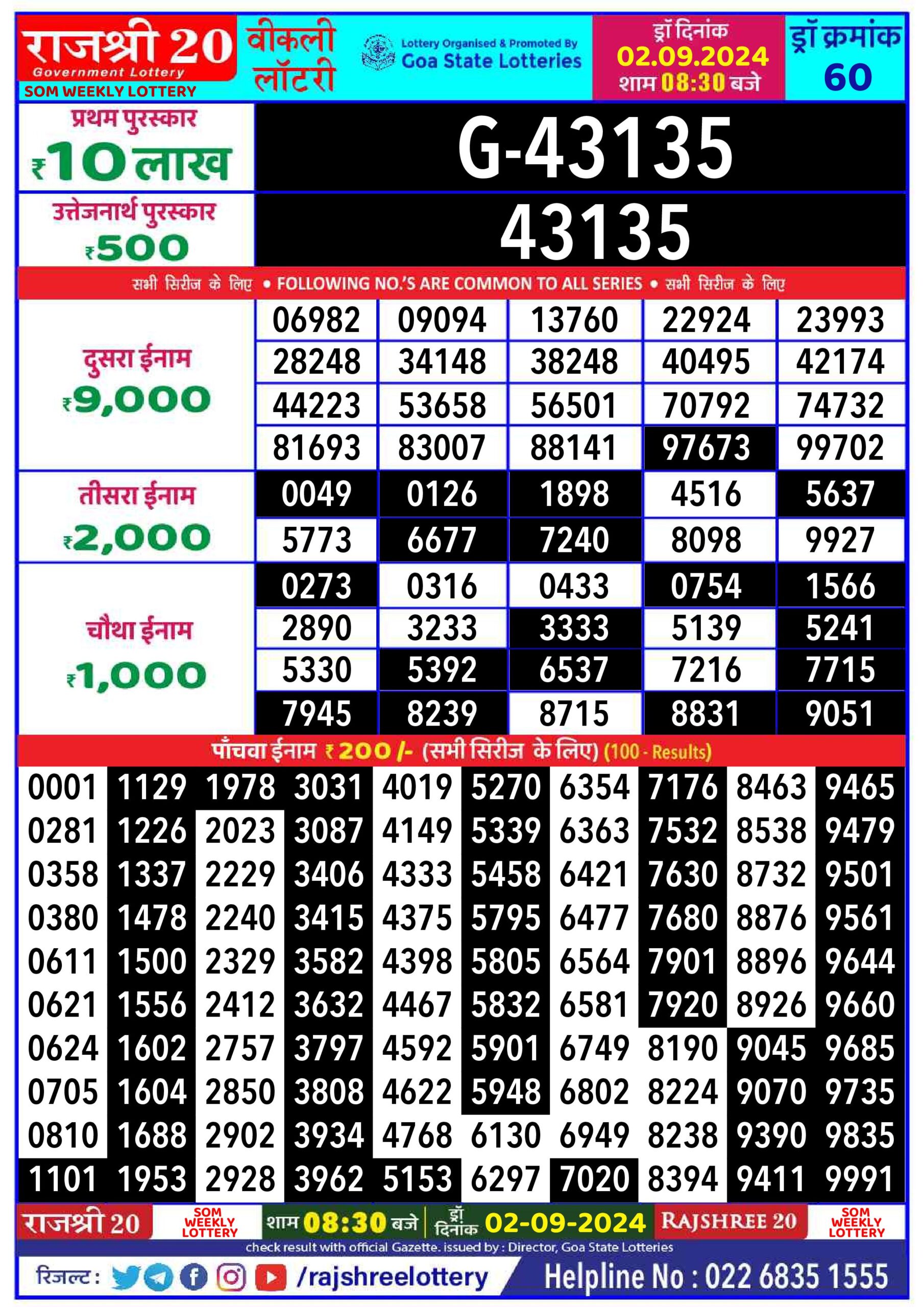 rajshree 20 lottery result 8:30pm