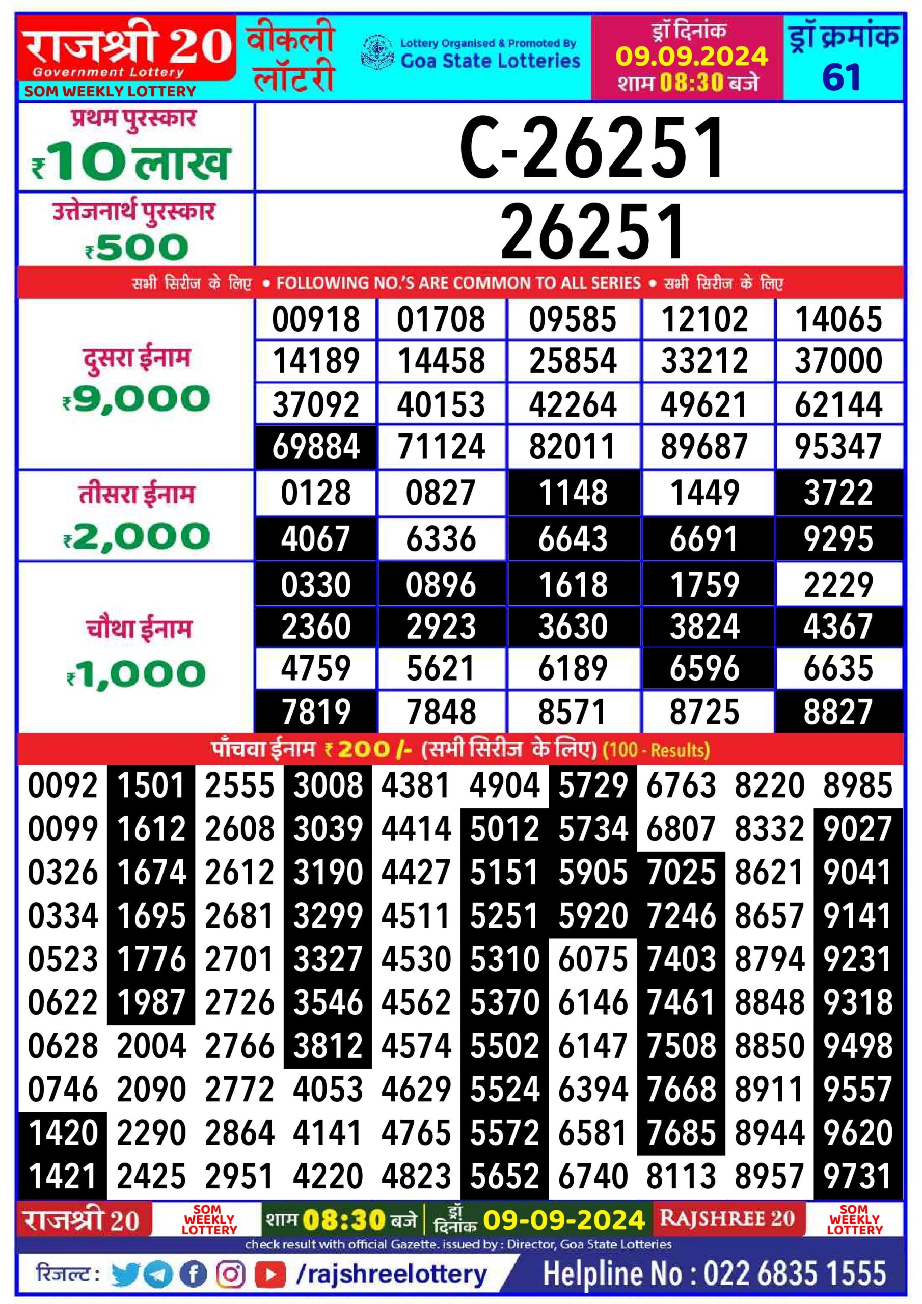 rajshree 20 lottery result 8:30pm