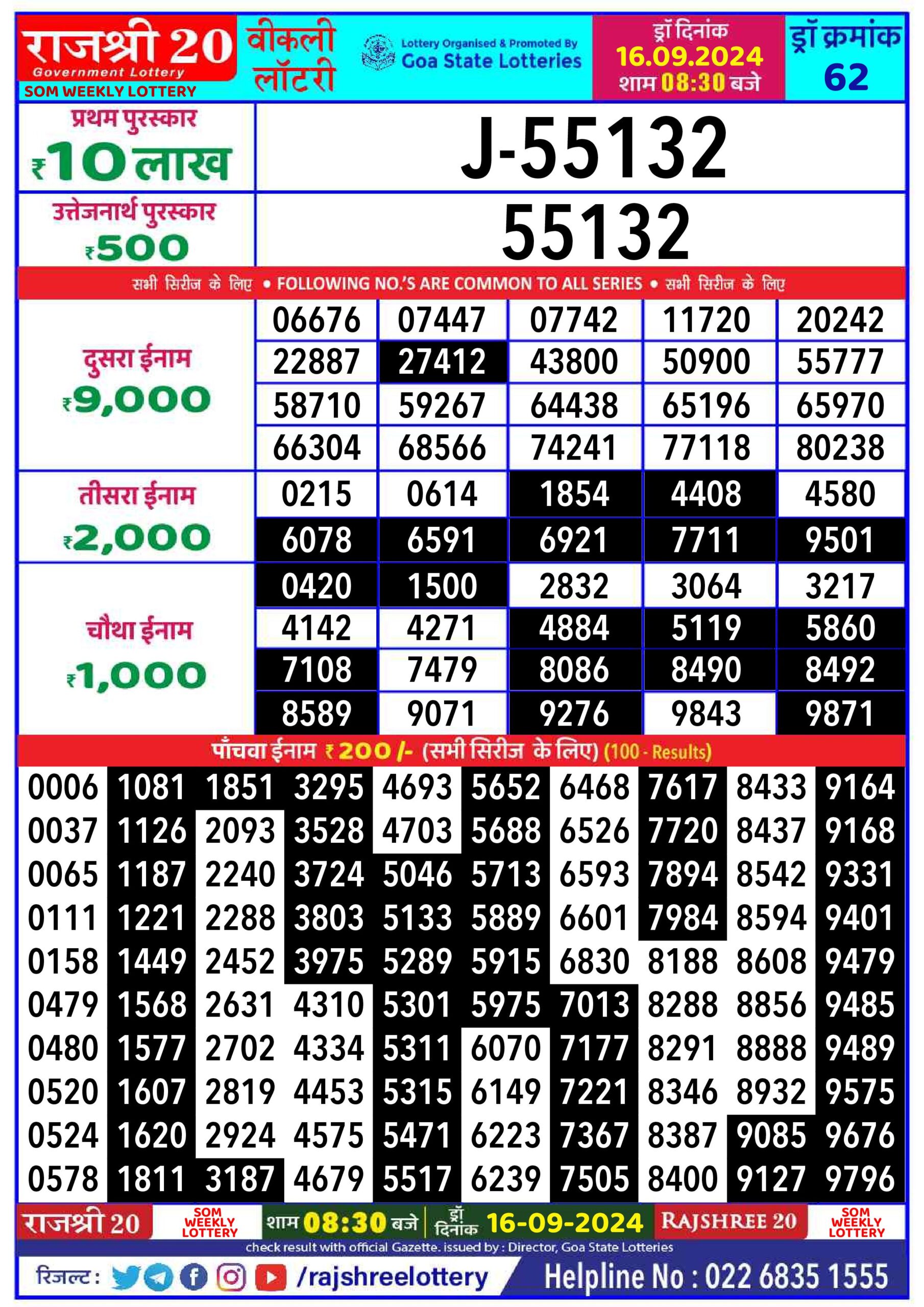 rajshree 20 lottery result 8:30pm