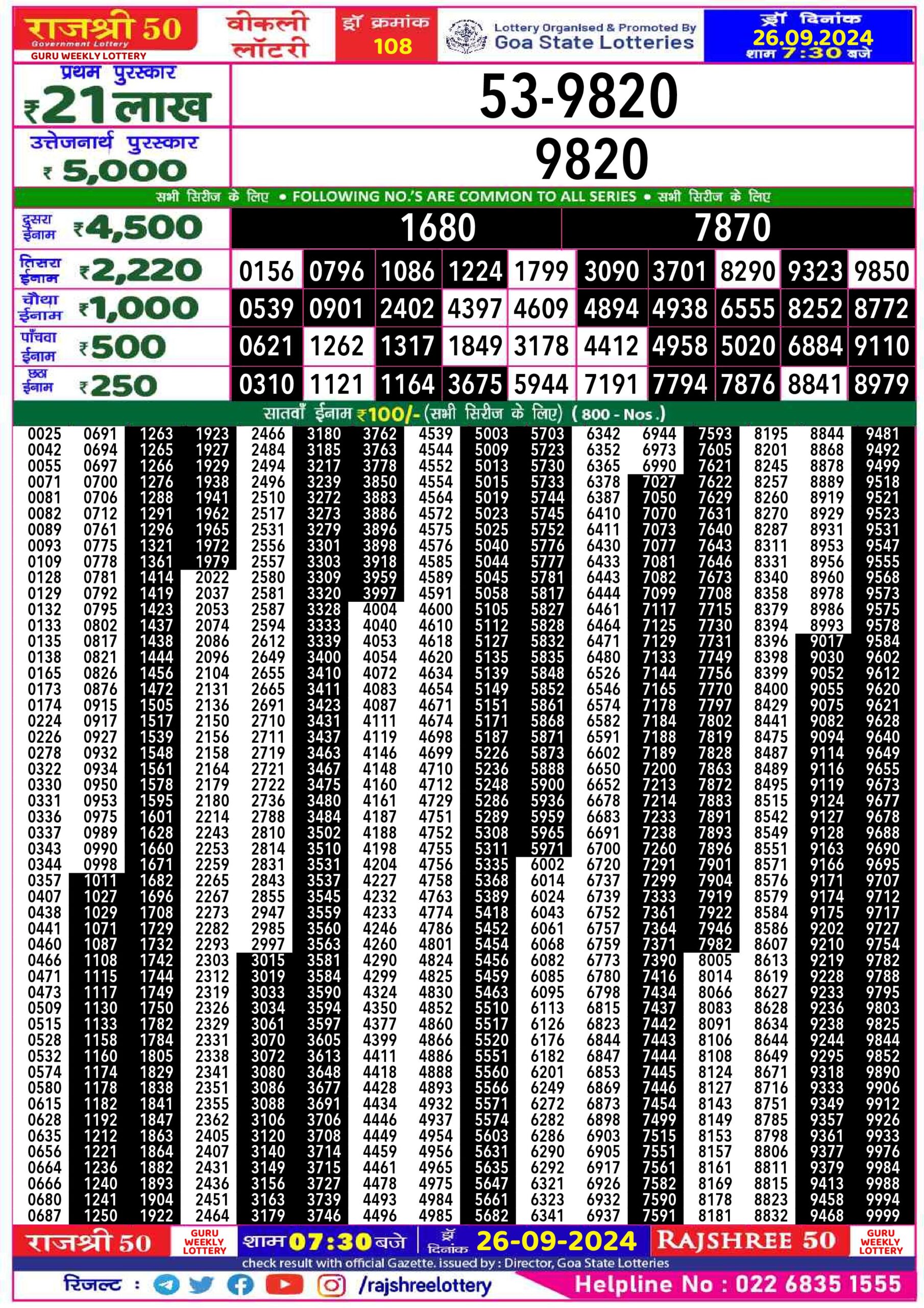 rajshree 50 lottery result 7:30pm