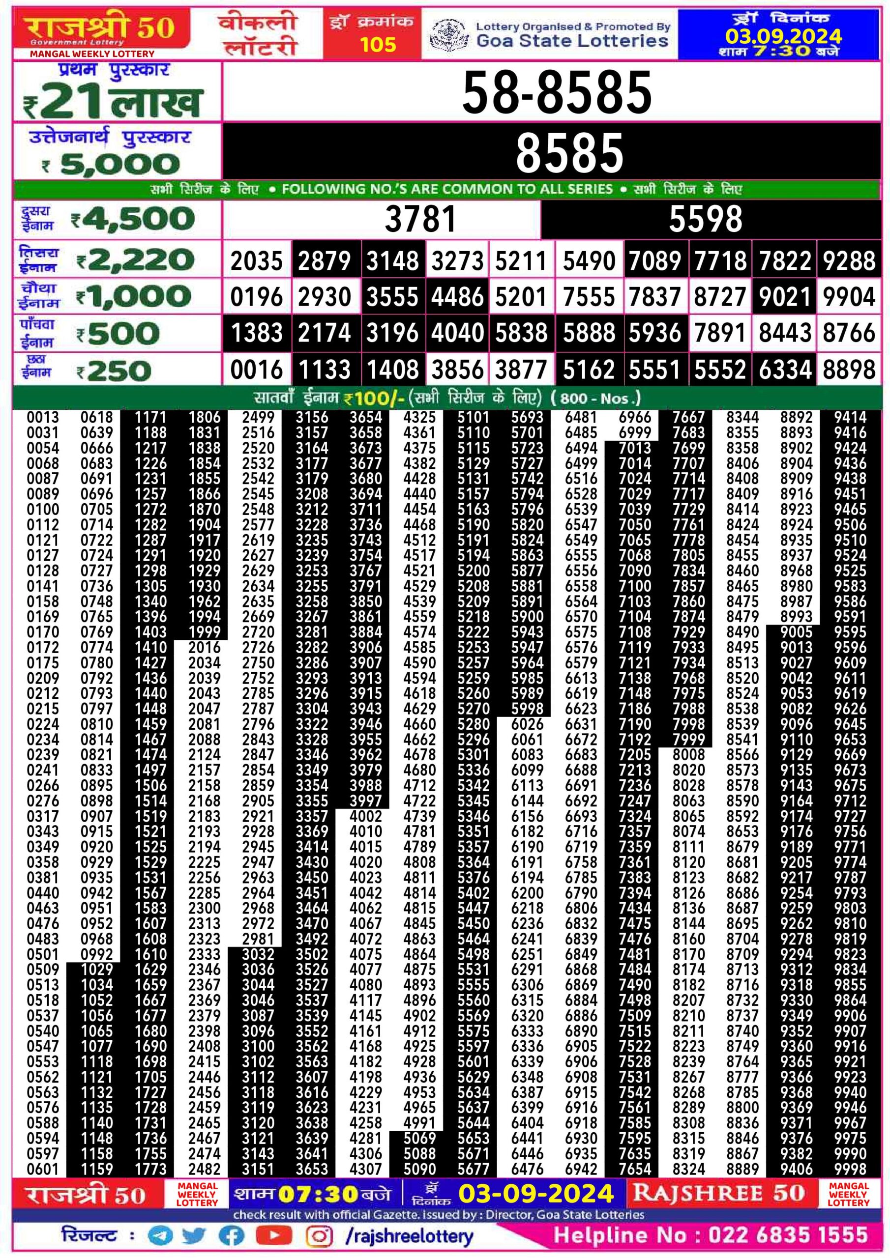 rajshree 50 lottery result 7:30pm