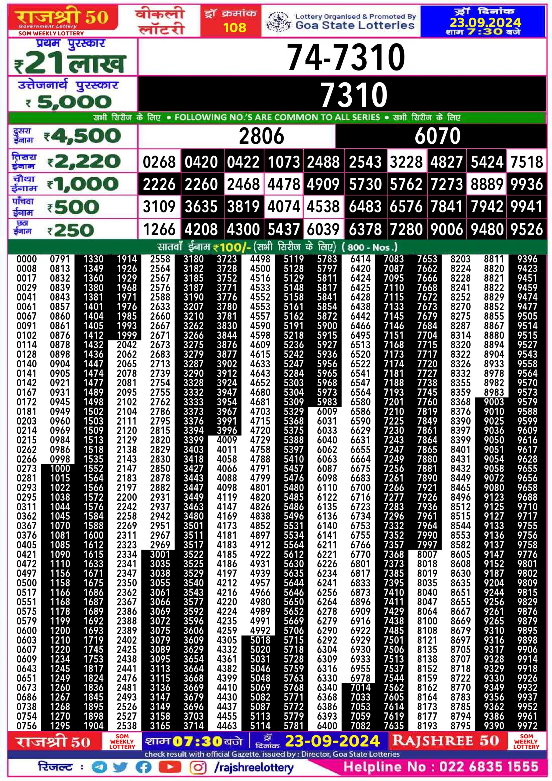 rajshree 50 lottery result 7:30pm