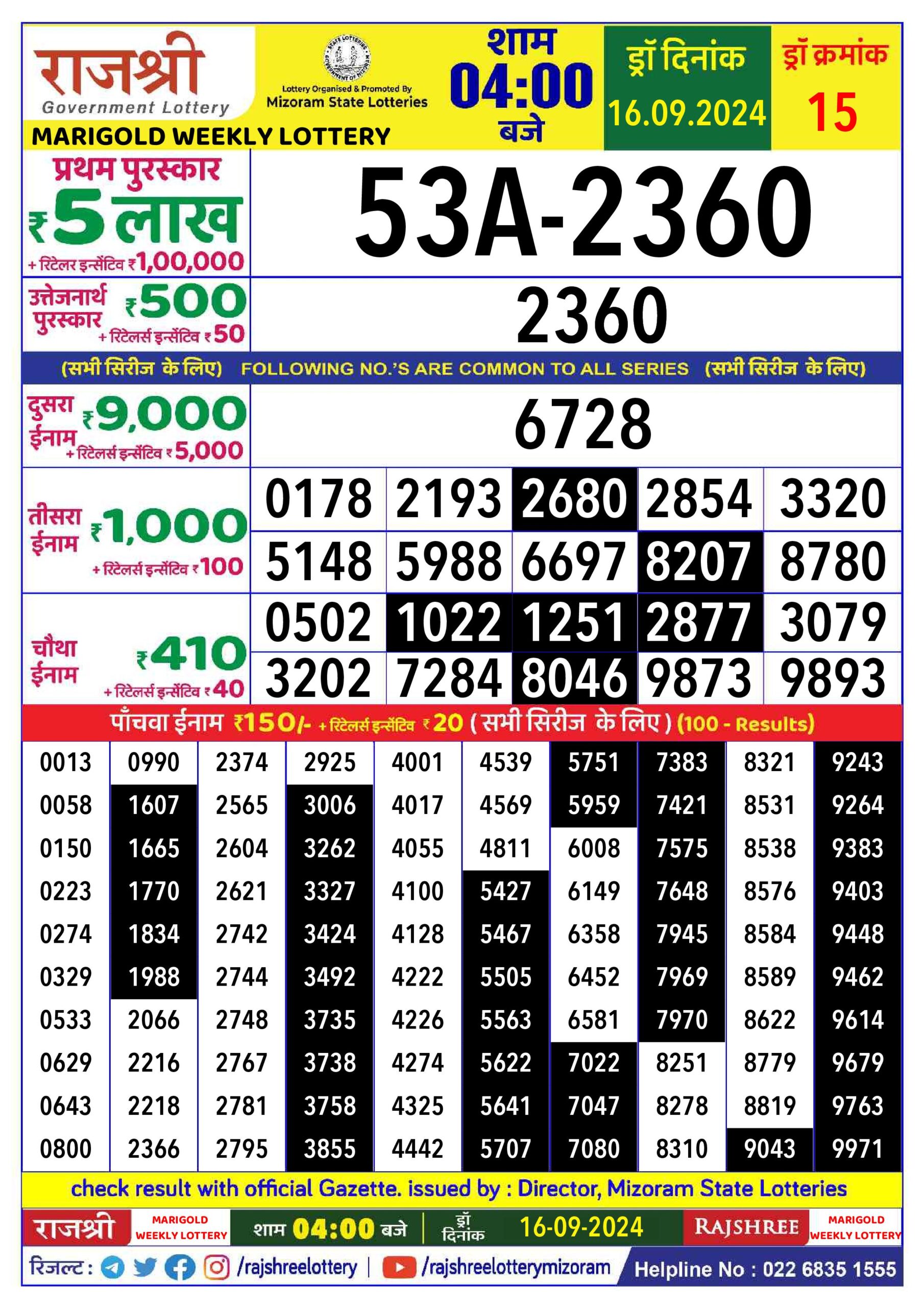 rajshree lottery result 4pm