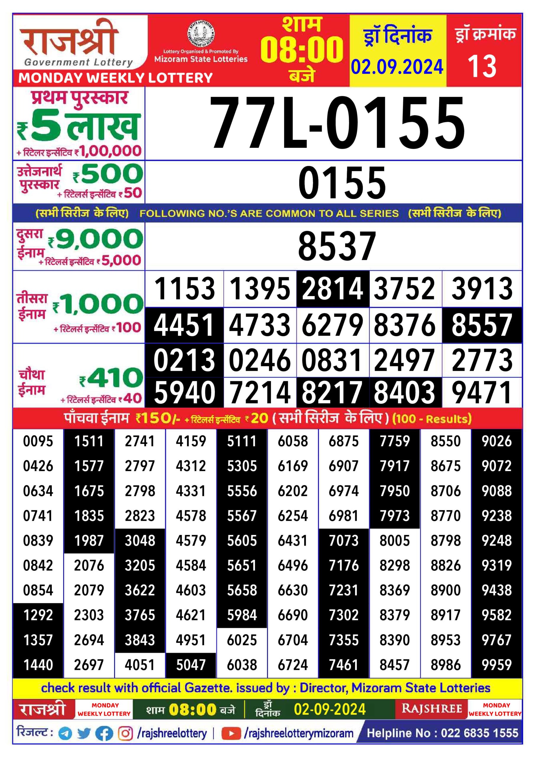 rajshree lottery result 8pm