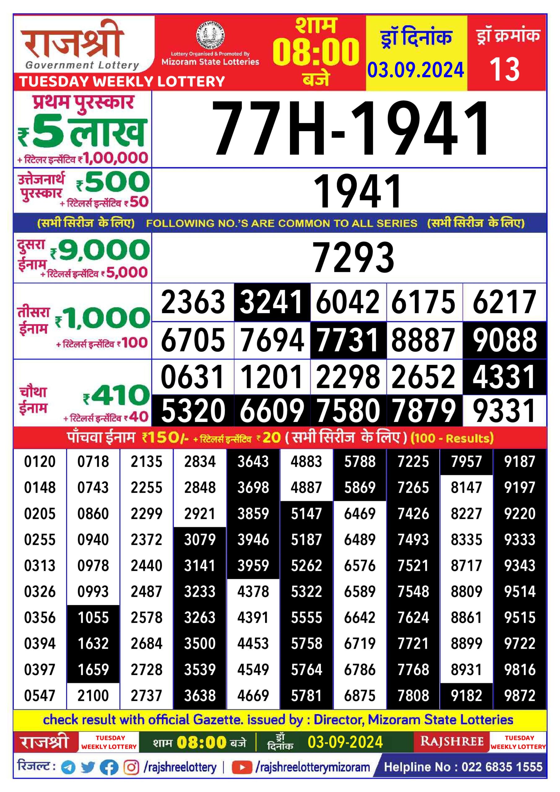 rajshree lottery result 8pm