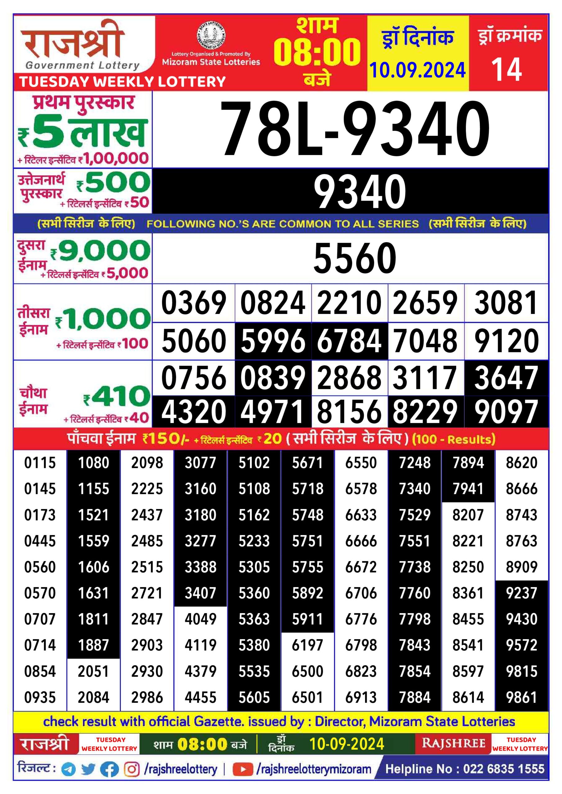 rajshree lottery result 8pm