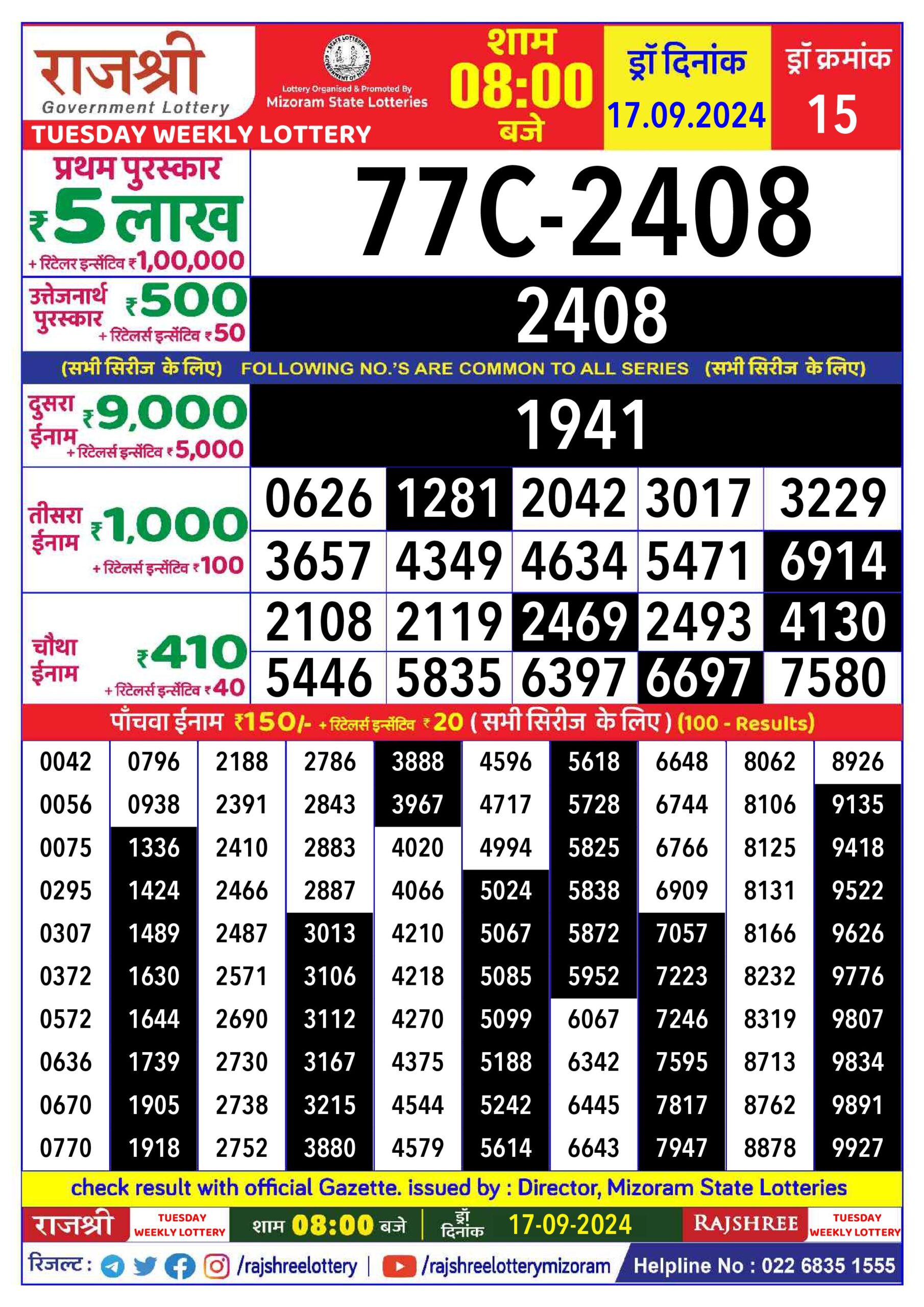 rajshree lottery result 8pm