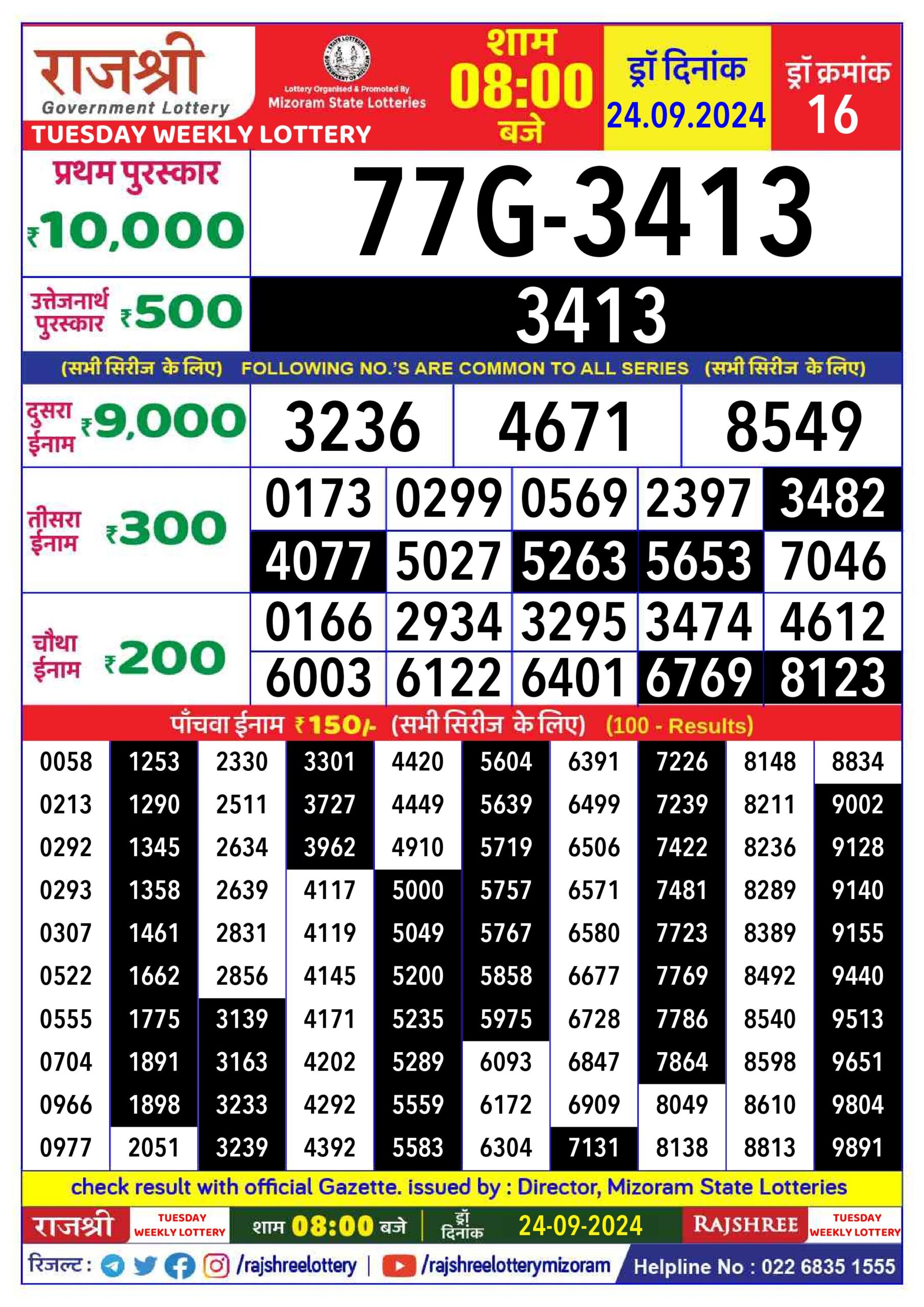 rajshree lottery result 8pm