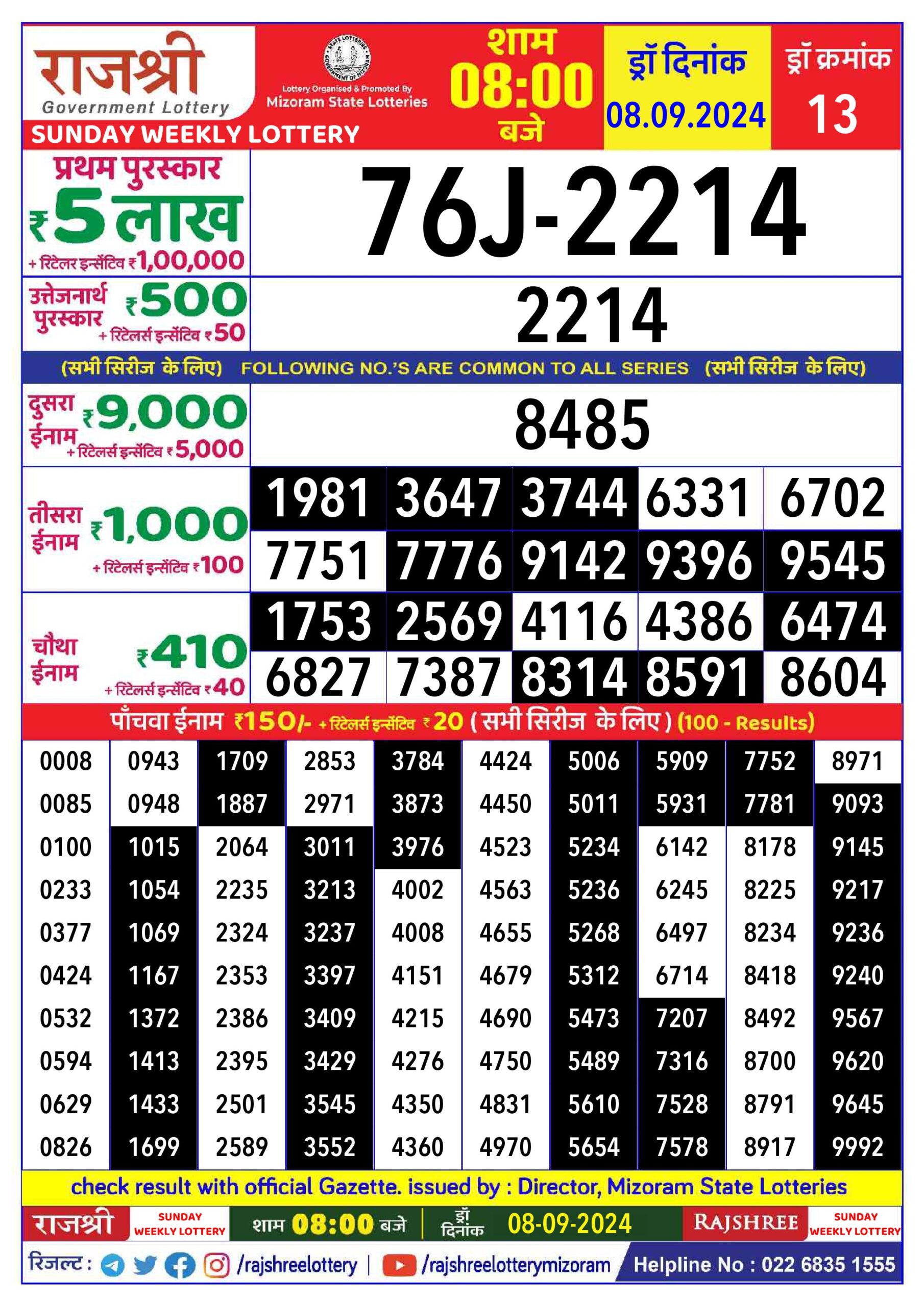 rajshree lottery result 8pm