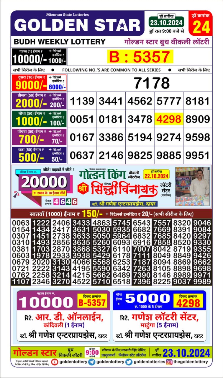 golden Star weekly lottery result 9pm