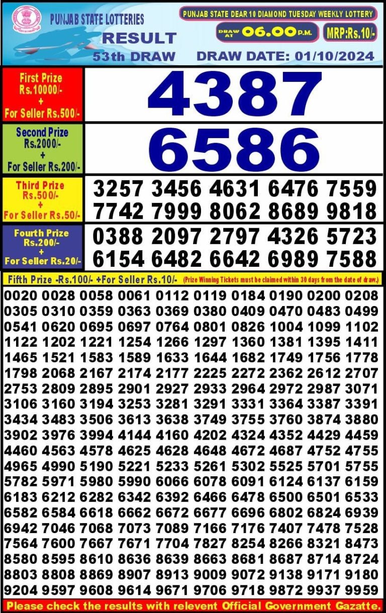 punjab state dear 10 weekly lottery result 6pm