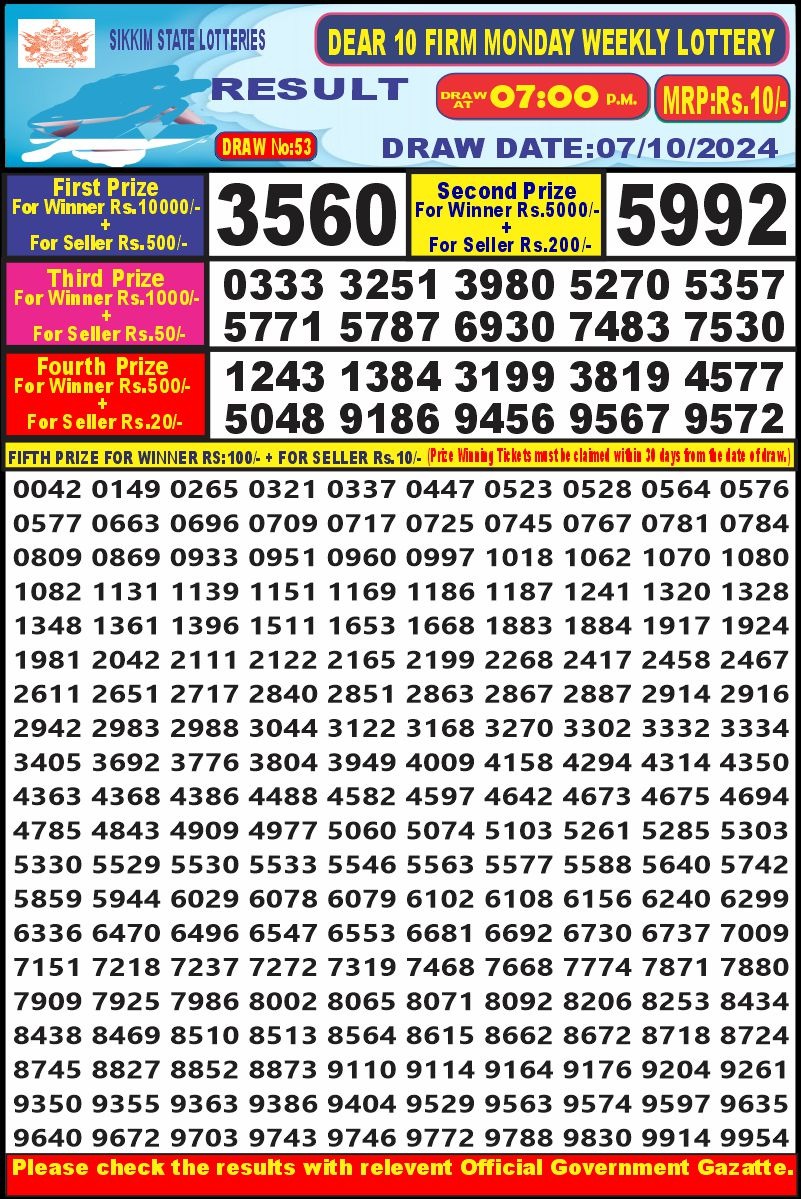 dear 10 weekly lottery result 7pm