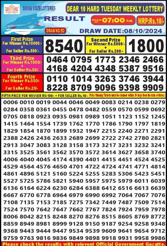 dear 10 weekly lottery result 7pm