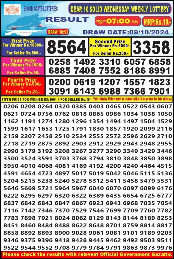 dear 10 weekly lottery result 7pm