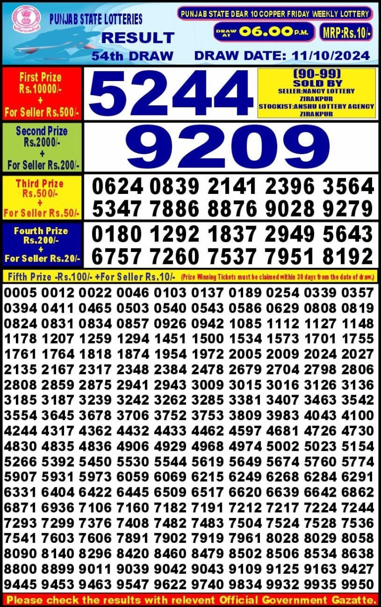 punjab state dear 10 weekly lottery result 6pm