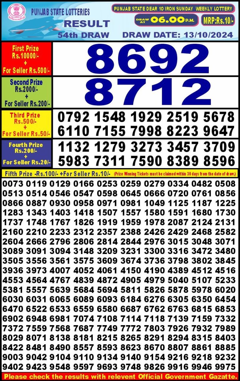 punjab state dear 10 weekly lottery result 6pm