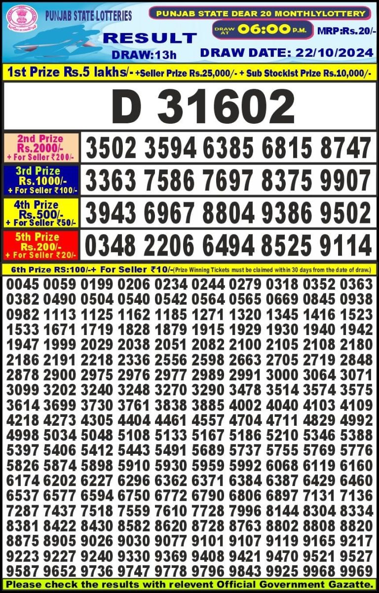 punjab state dear 20 monthly lottery result 22.10.24