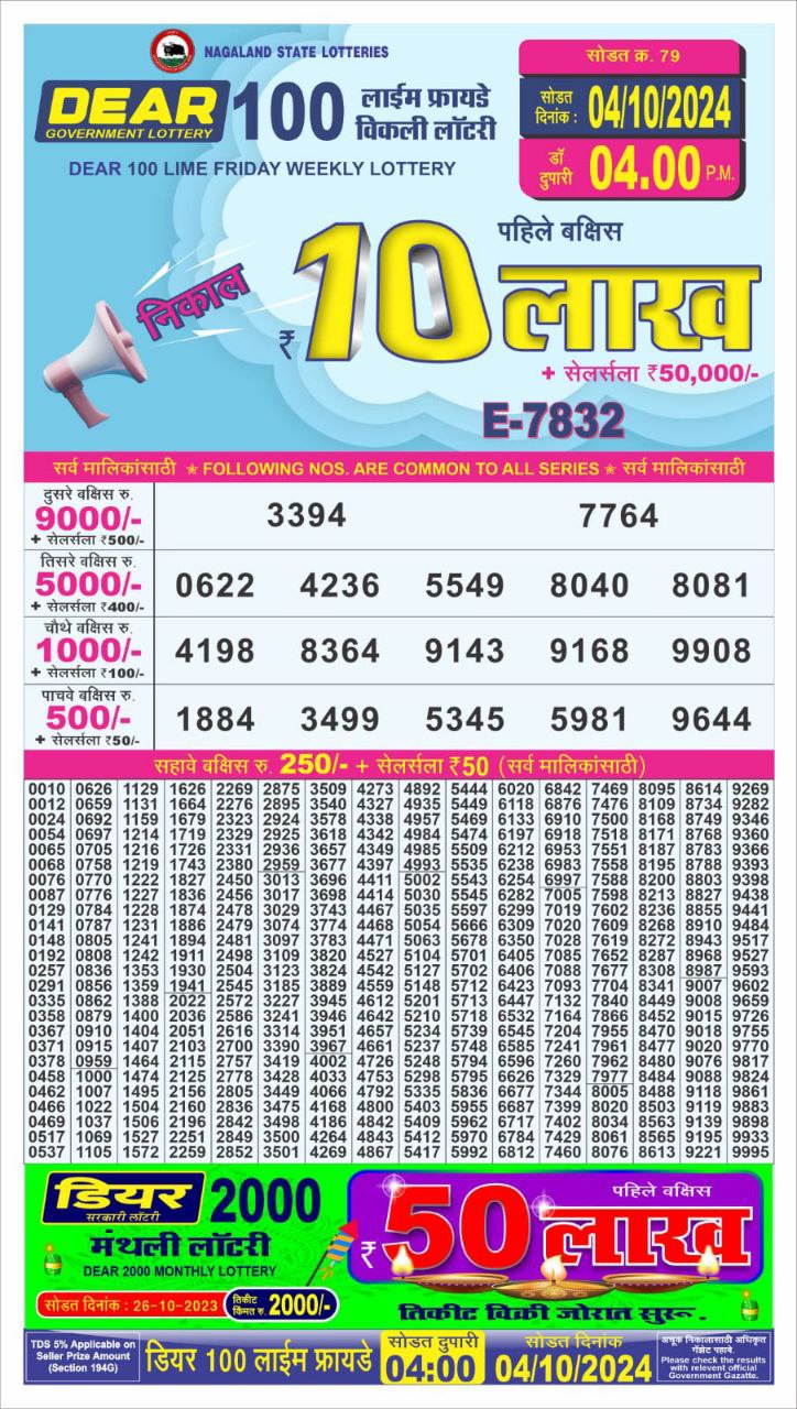 dear 100 weekly lottery result 4pm