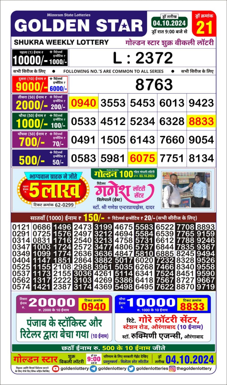 golden Star weekly lottery result 9pm