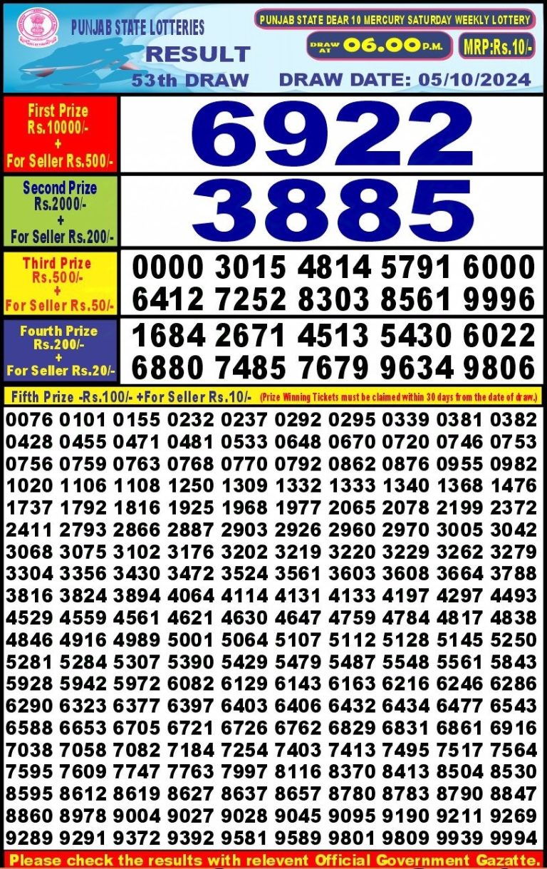 punjab state dear 10 weekly lottery result 6pm