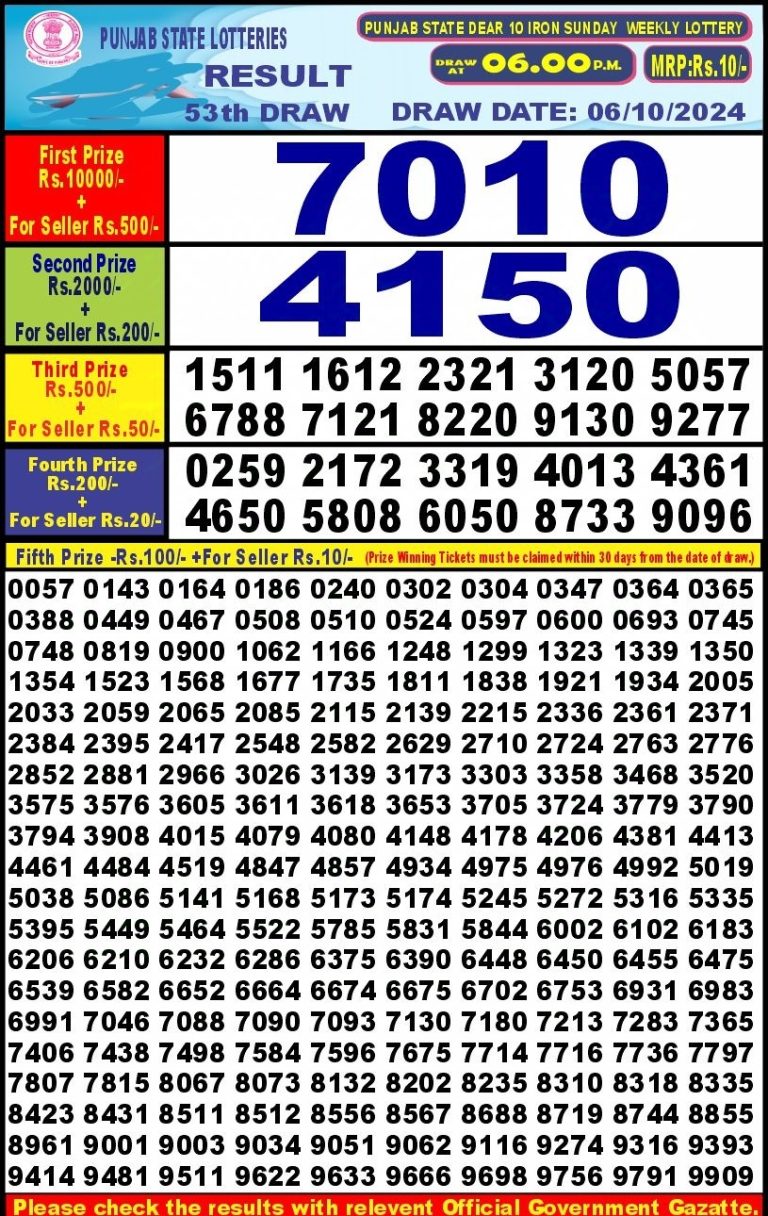 punjab state dear 10 weekly lottery result 6pm