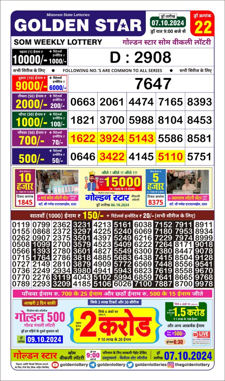 golden Star weekly lottery result 9pm