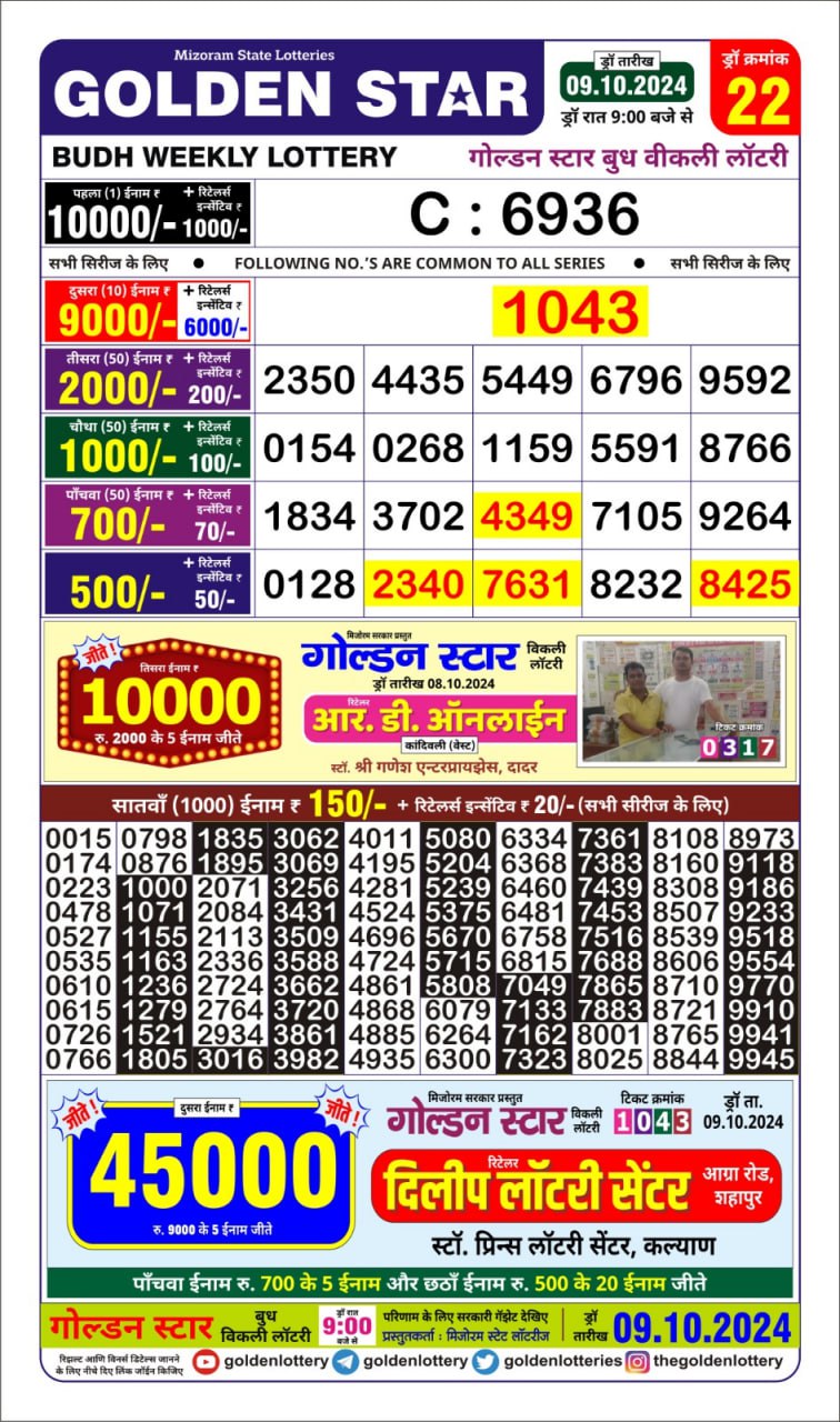 golden Star weekly lottery result 9pm