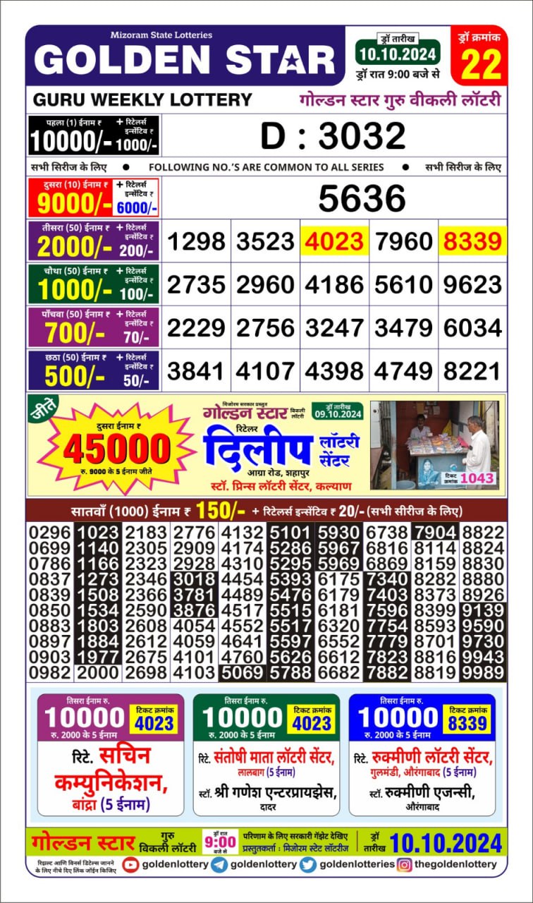 golden star weekly lottery result 9pm