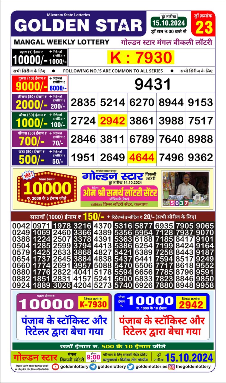 golden Star weekly lottery result 9pm