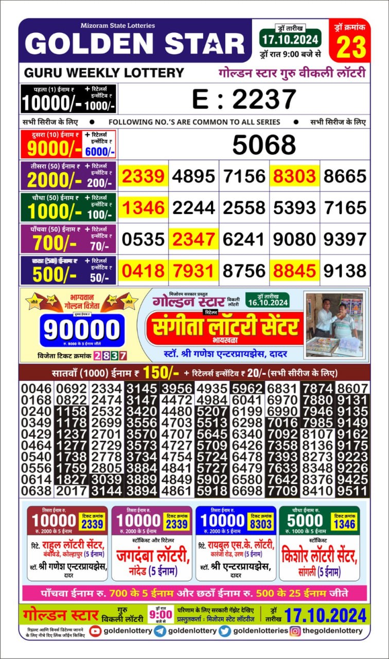 golden star weekly lottery result 9pm