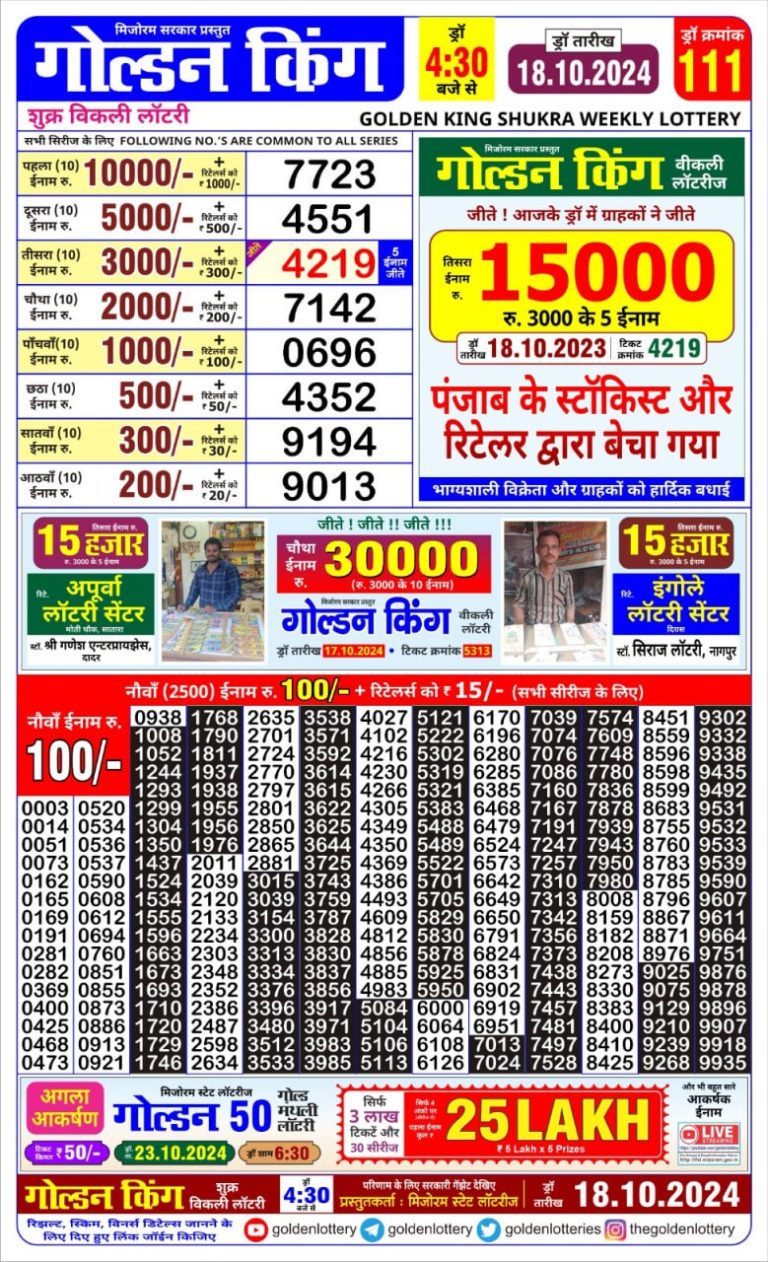 golden king weekly lottery result 4:30pm