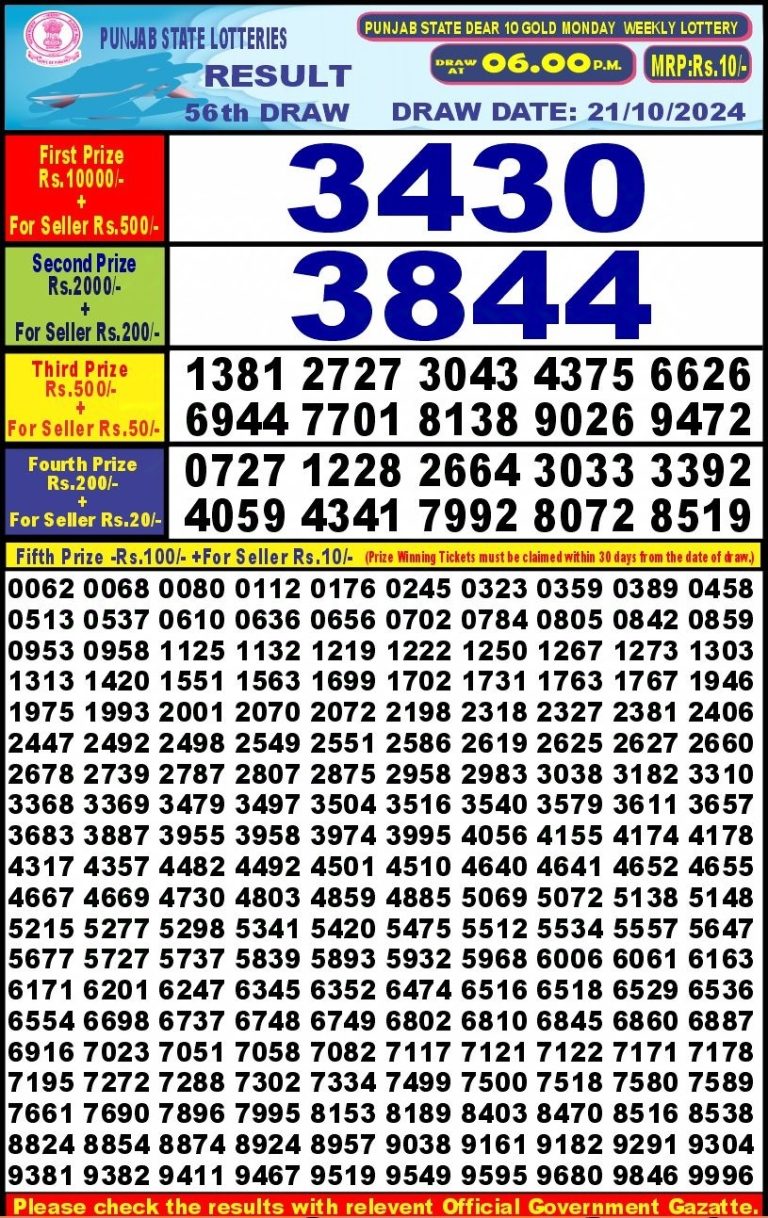 punjab state dear 10 weekly lottery result 6pm