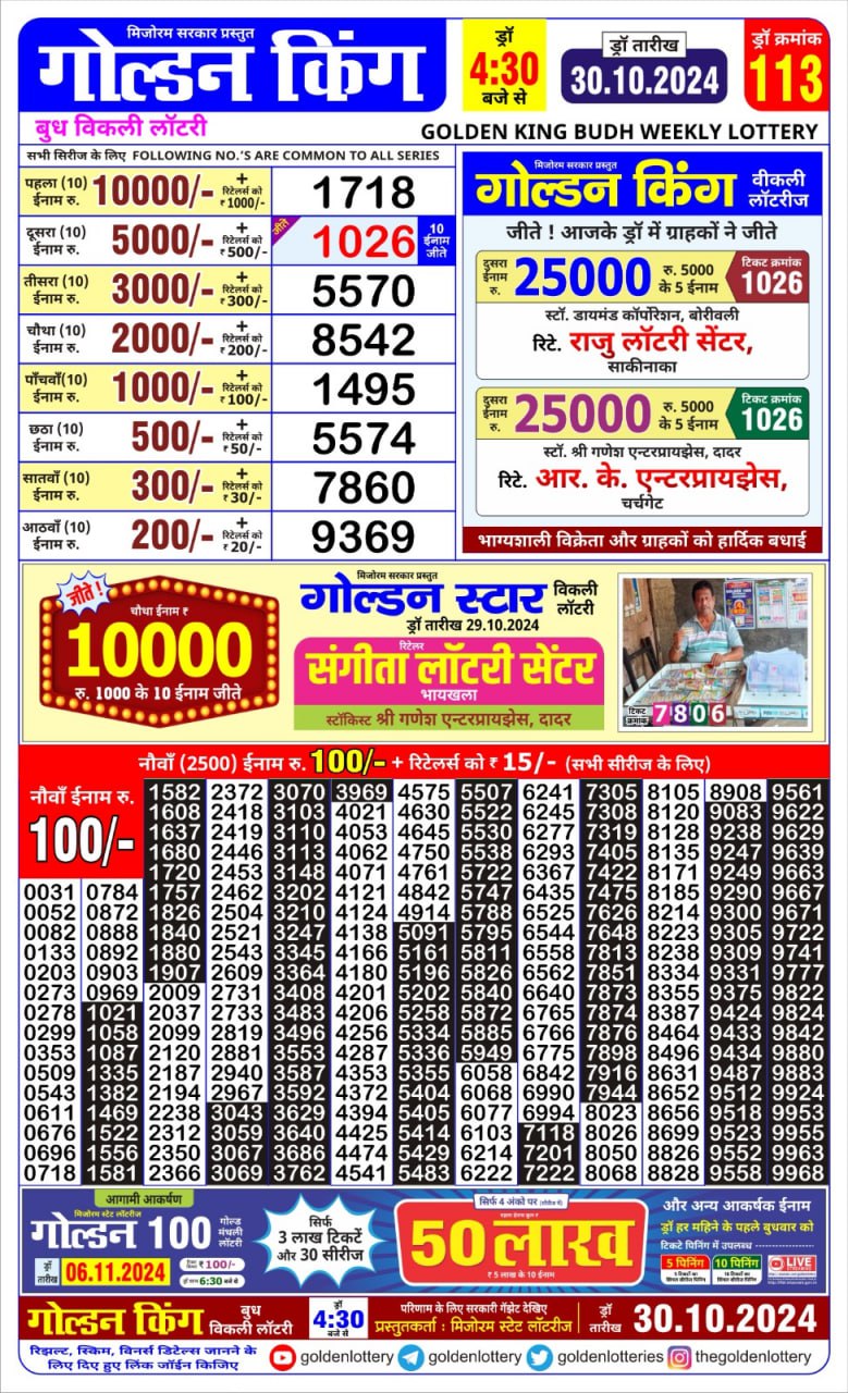 golden king weekly lottery result 4:30pm