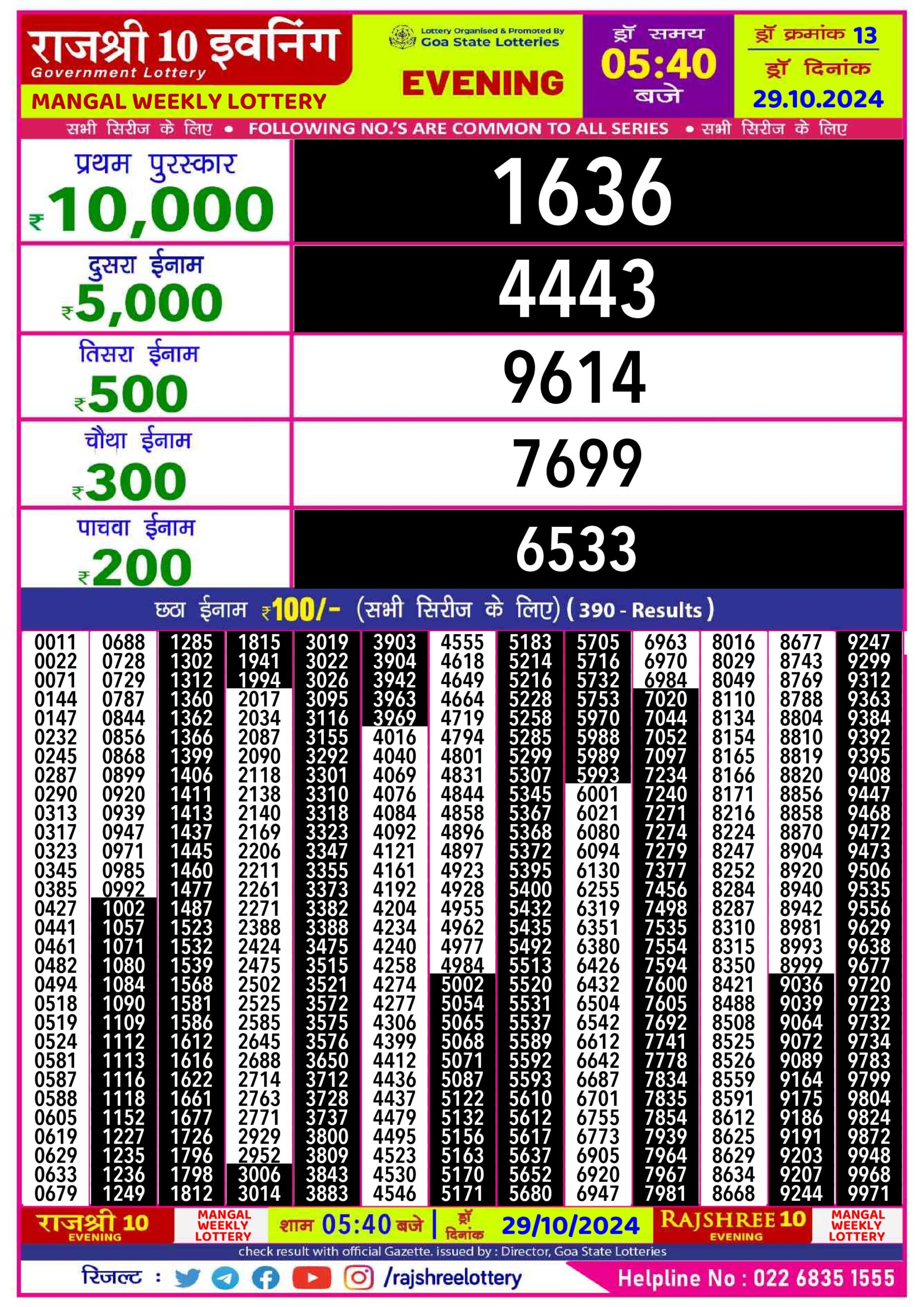 rajshree 10 evening weekly lottery result 5:40pm