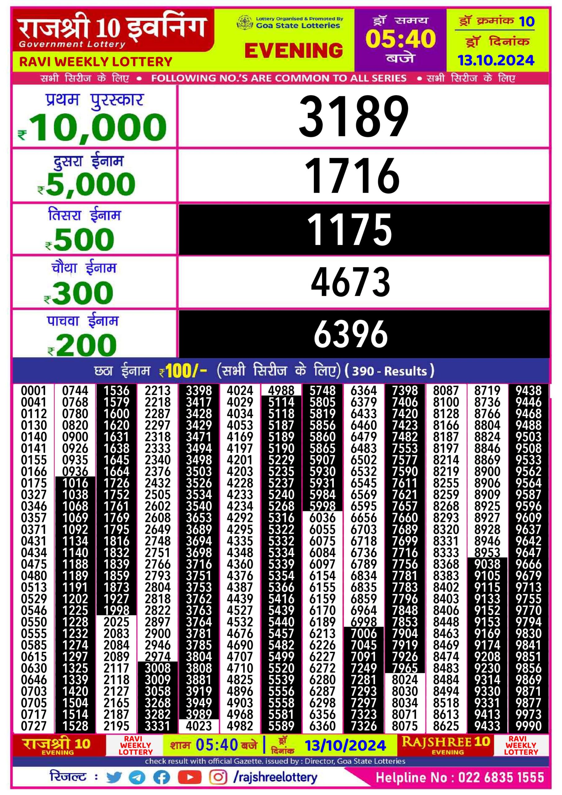 rajshree 10 evening weekly lottery result 5:40pm