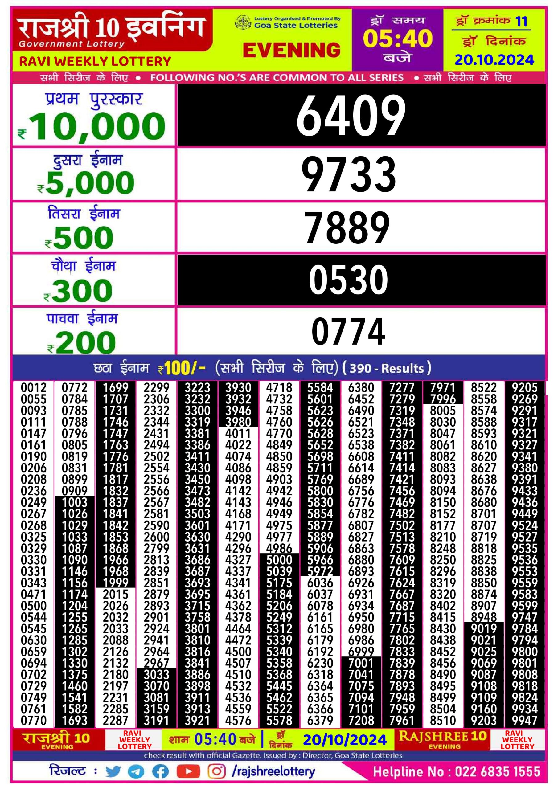 rajshree 10 evening weekly lottery result 5:40pm