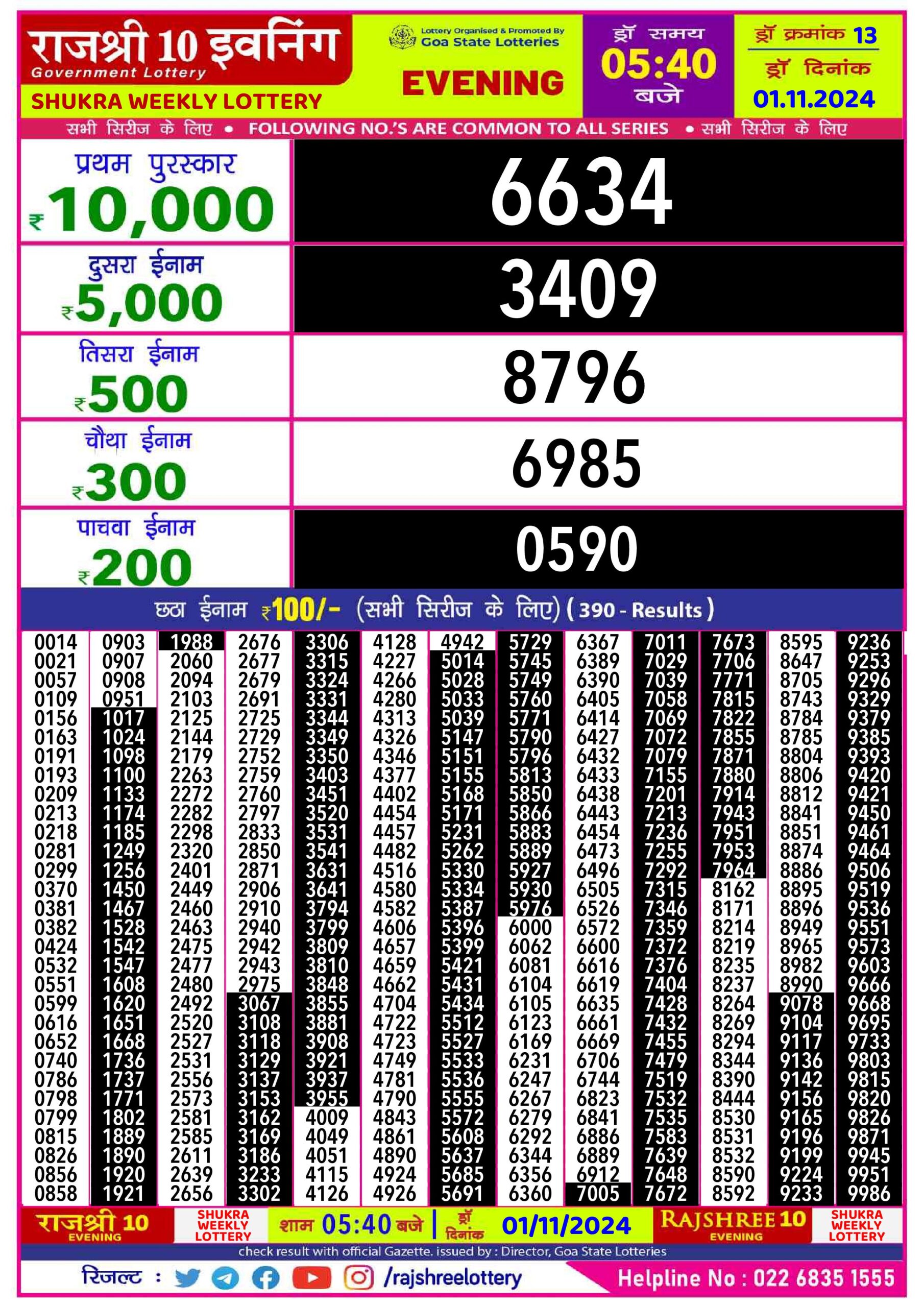 rajshree 10 evening weekly lottery result 5:40pm