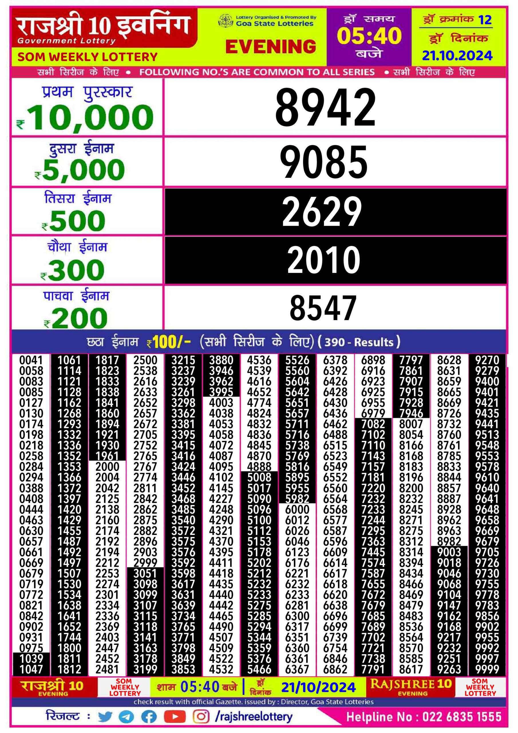 rajshree 10 evening weekly lottery result 5:40pm