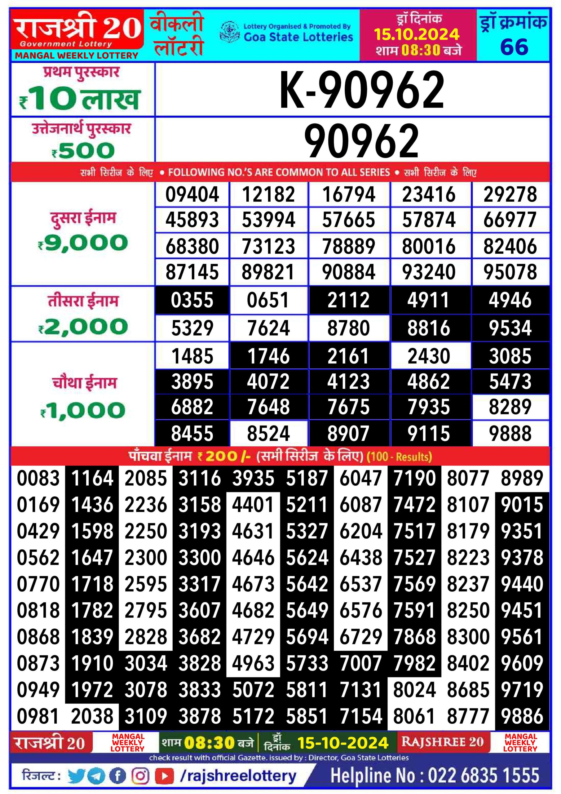 rajshree 20 lottery result 8:30pm