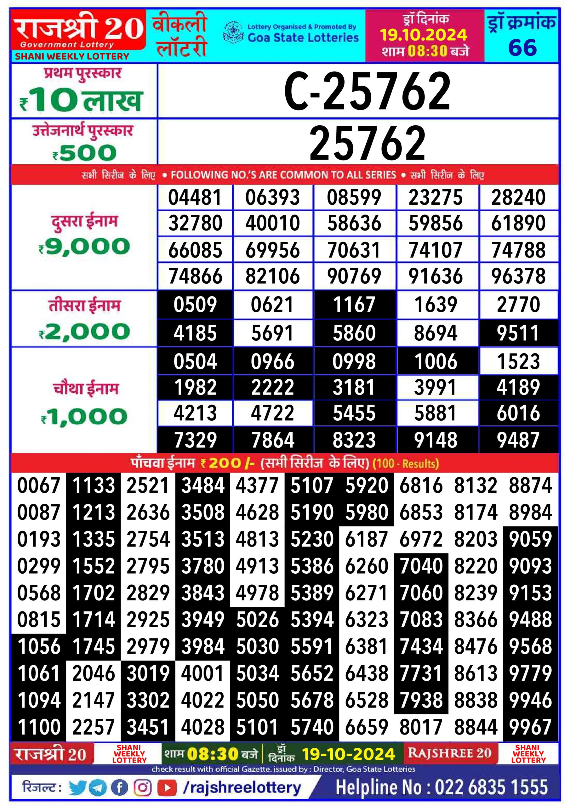 rajshree 20 lottery result 8:30pm