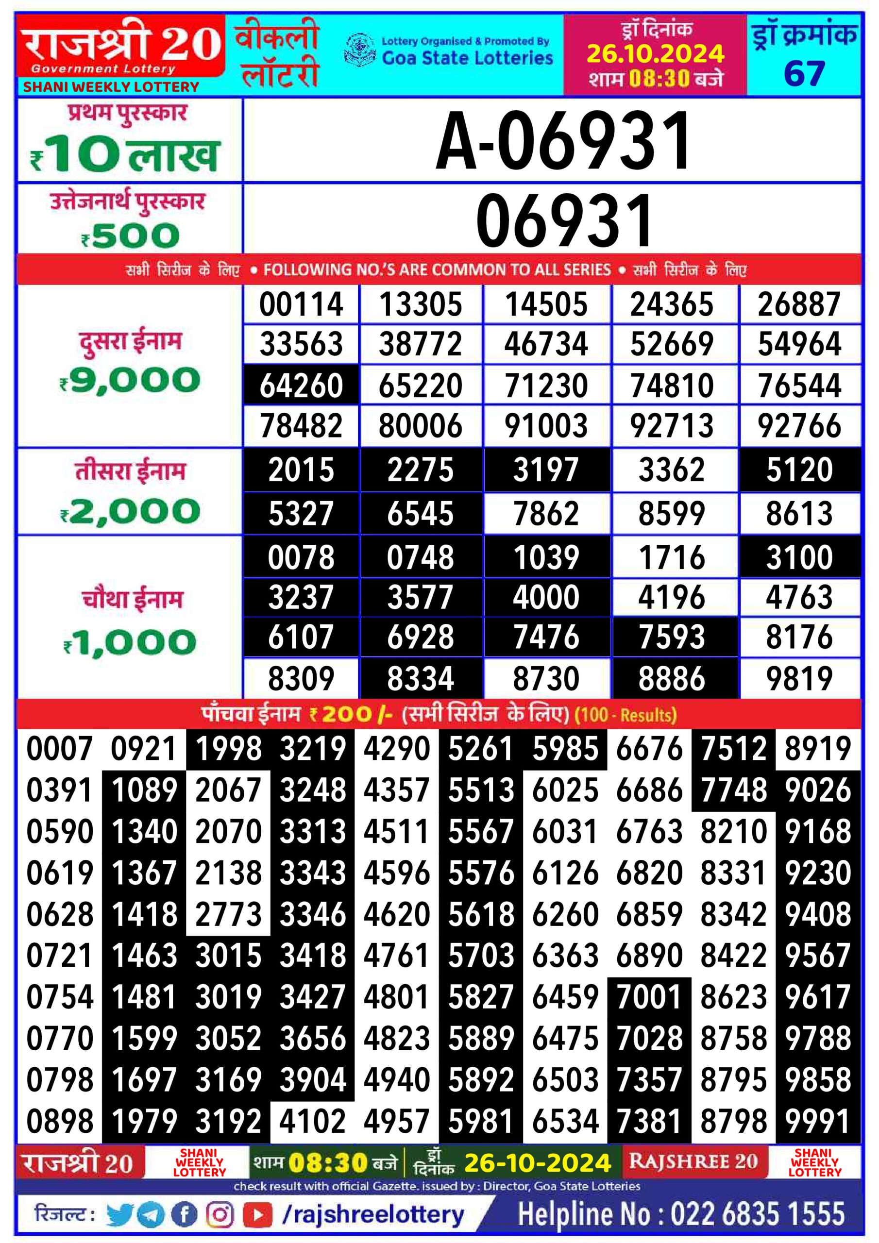 rajshree 20 lottery result 8:30pm