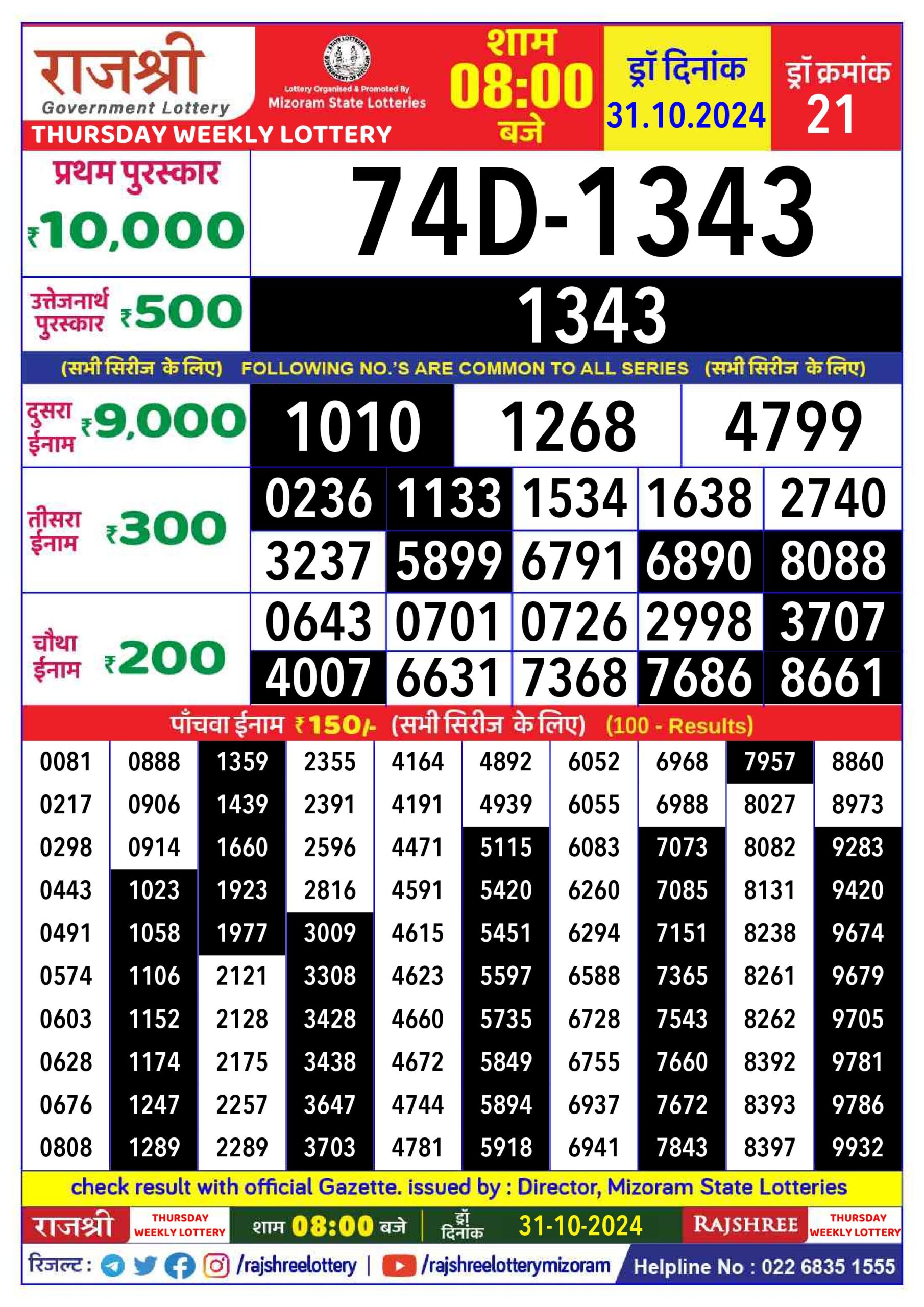 rajshree lottery result 8pm