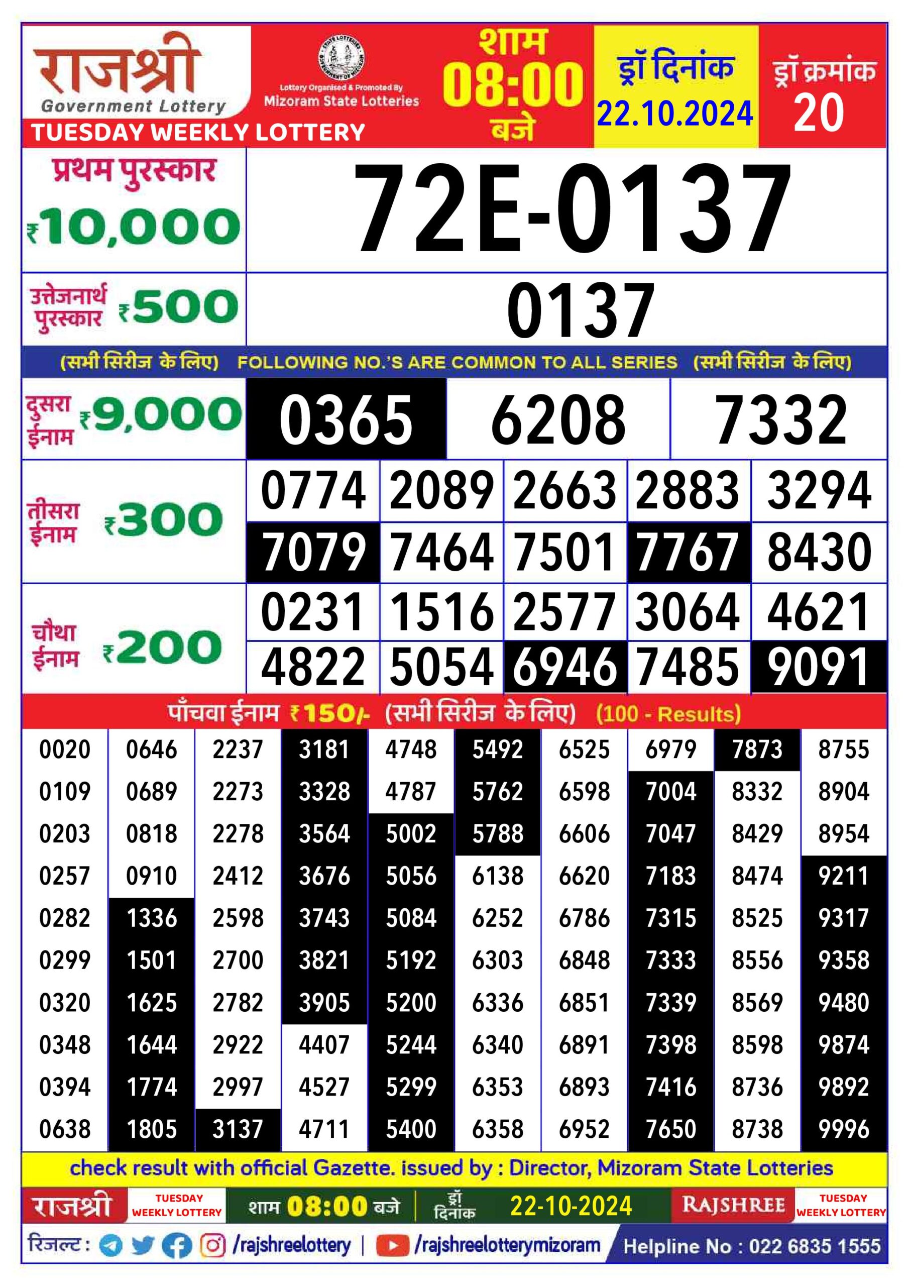 rajshree lottery result 8pm