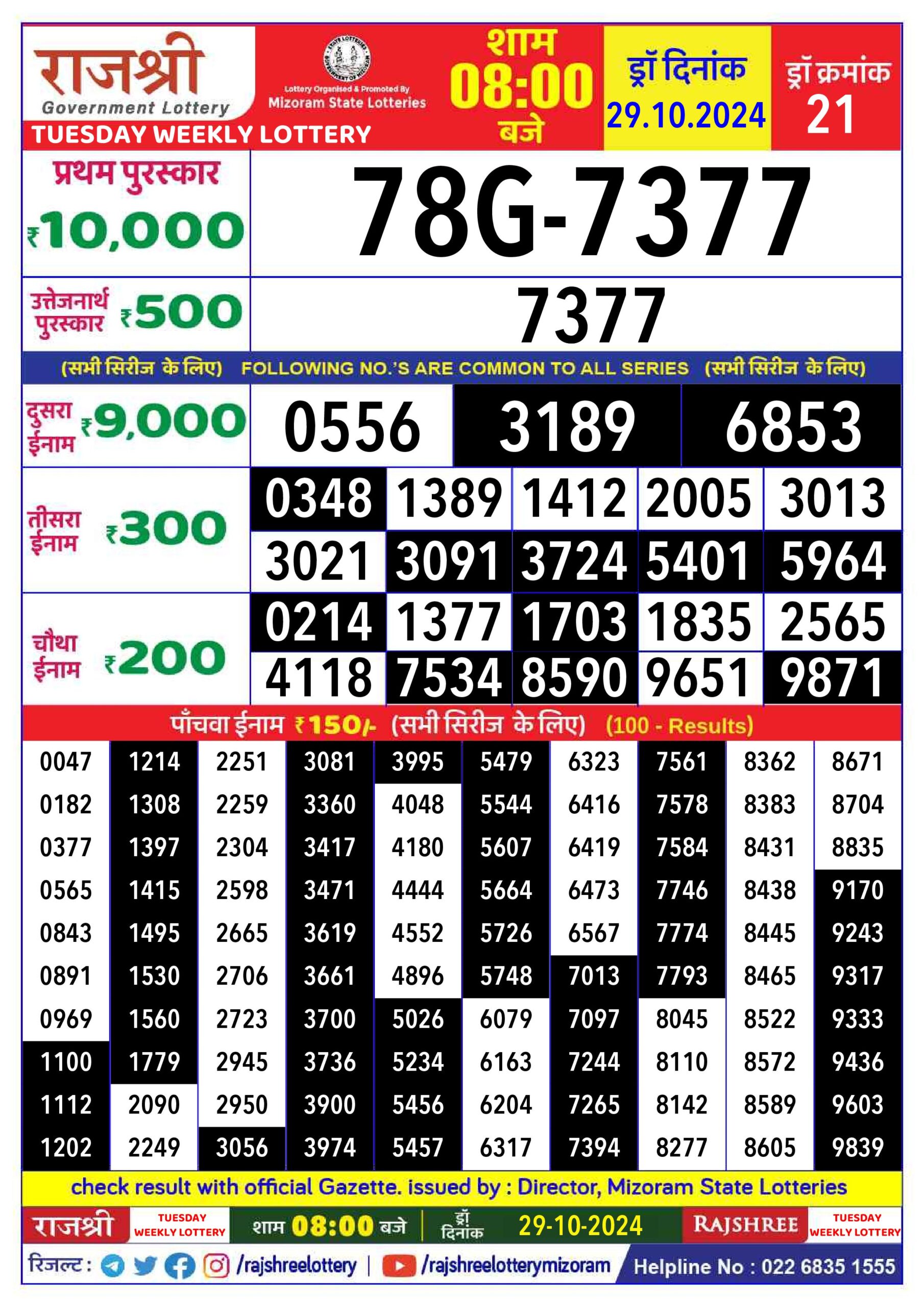 rajshree lottery result 8pm