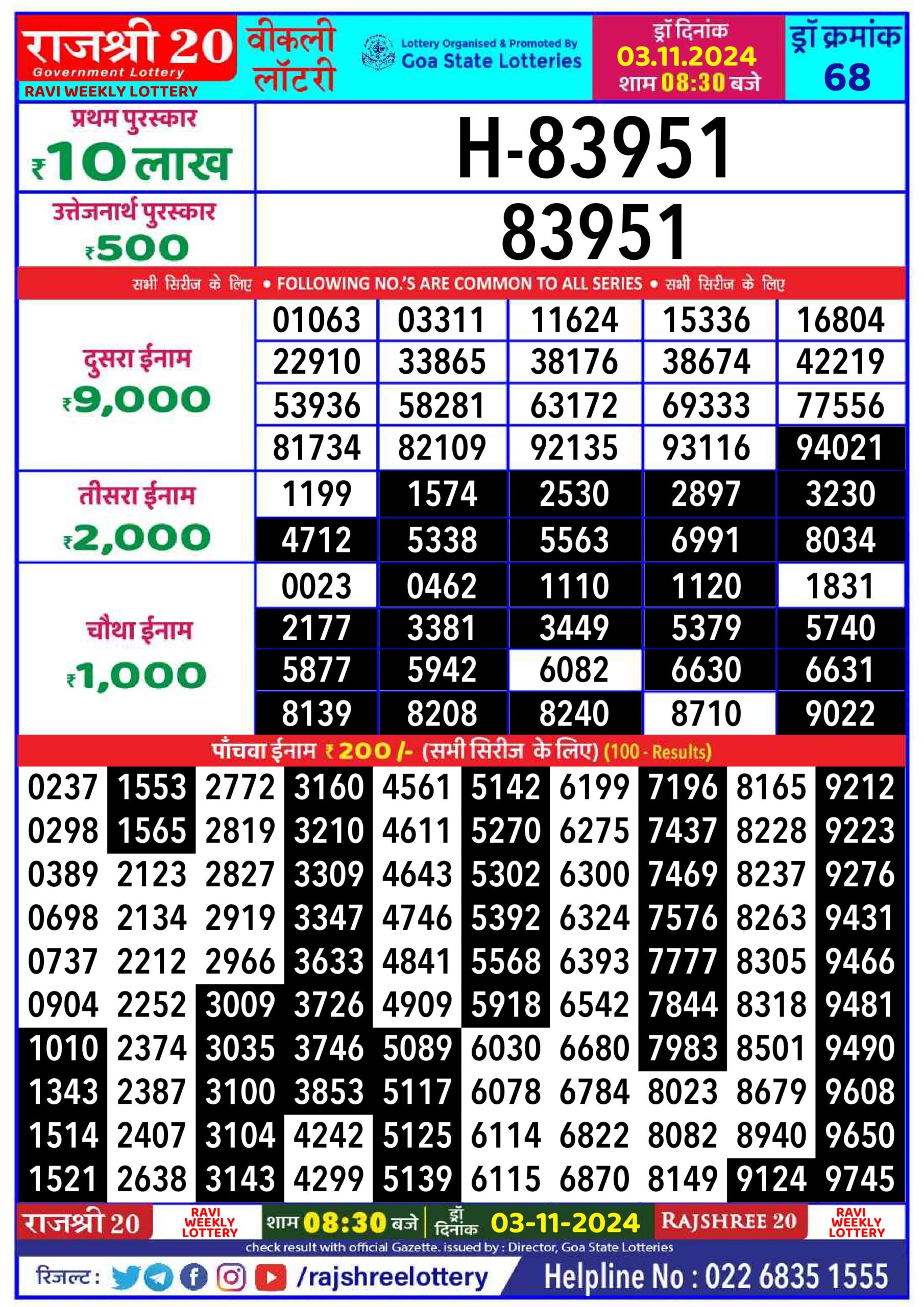 rajshree 20 lottery result 8:30pm