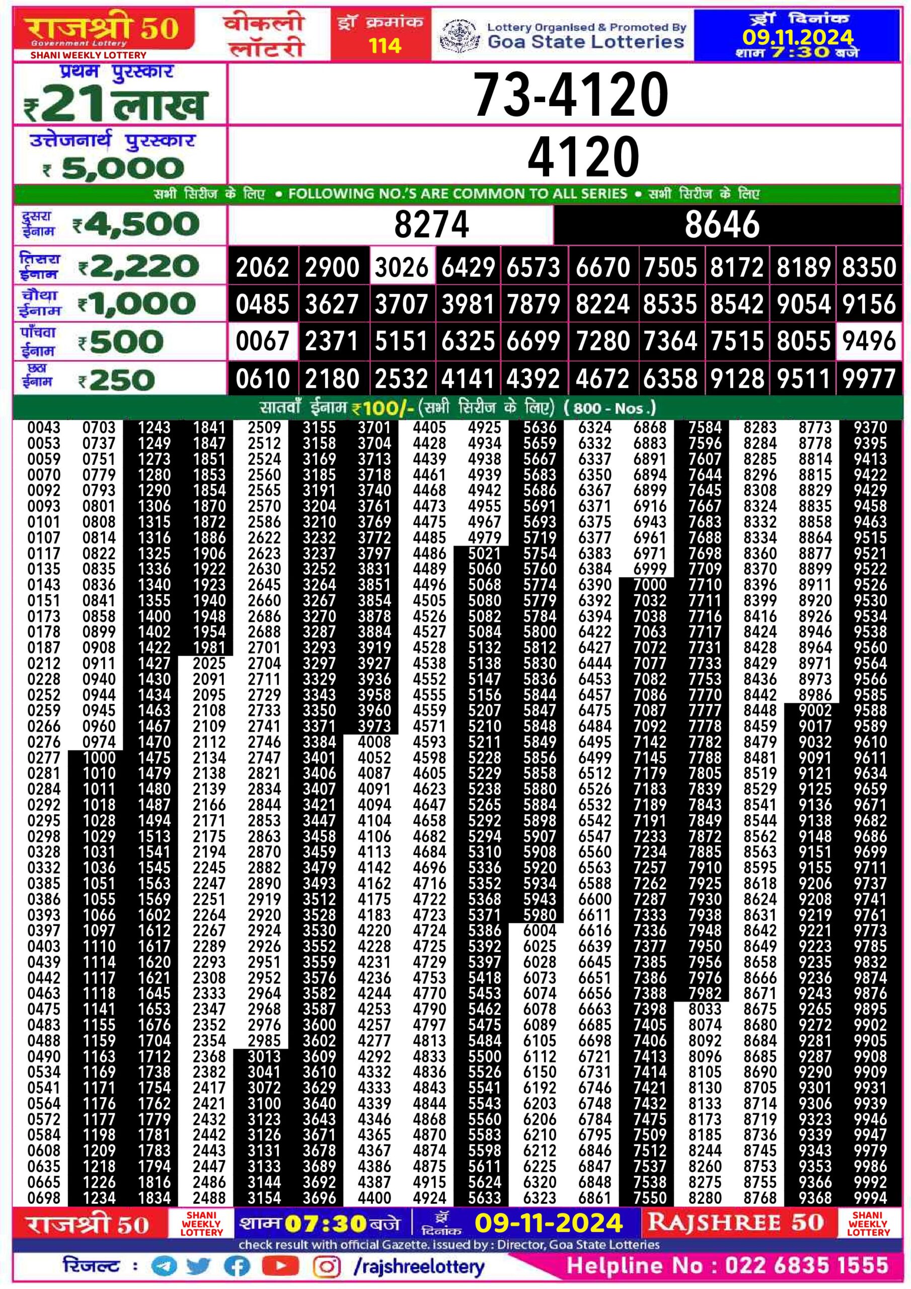 rajshree 50 lottery result 7:30pm