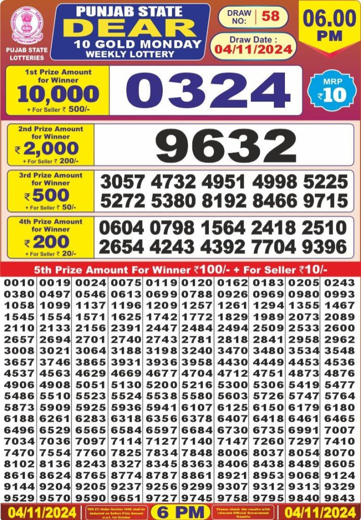 punjab state dear 10 weekly lottery result 6pm