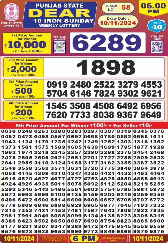 punjab state dear 10 lottery result 6pm